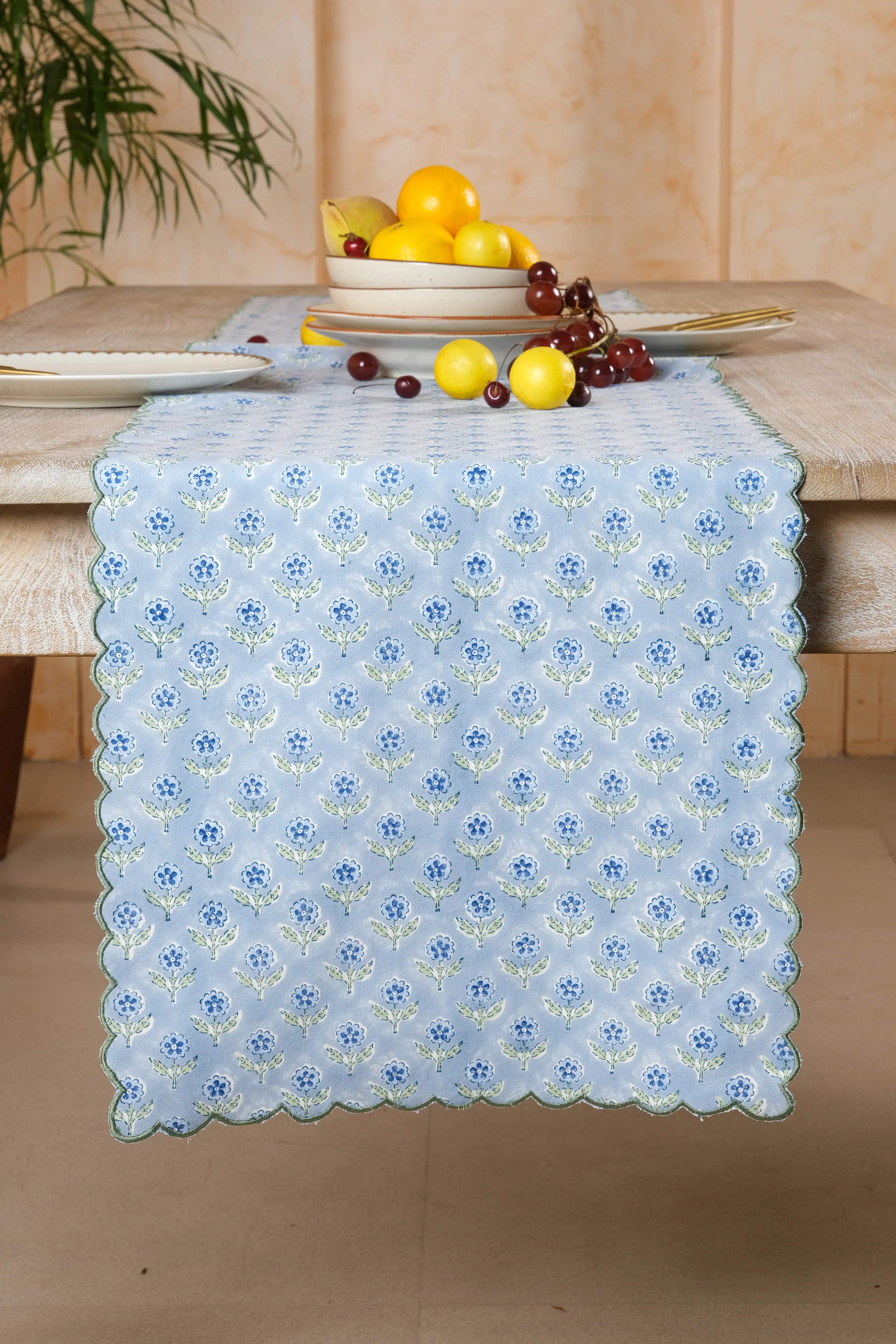 Mona Scallop Embroidered Blockprint Tablerunner in Blue - Image 2