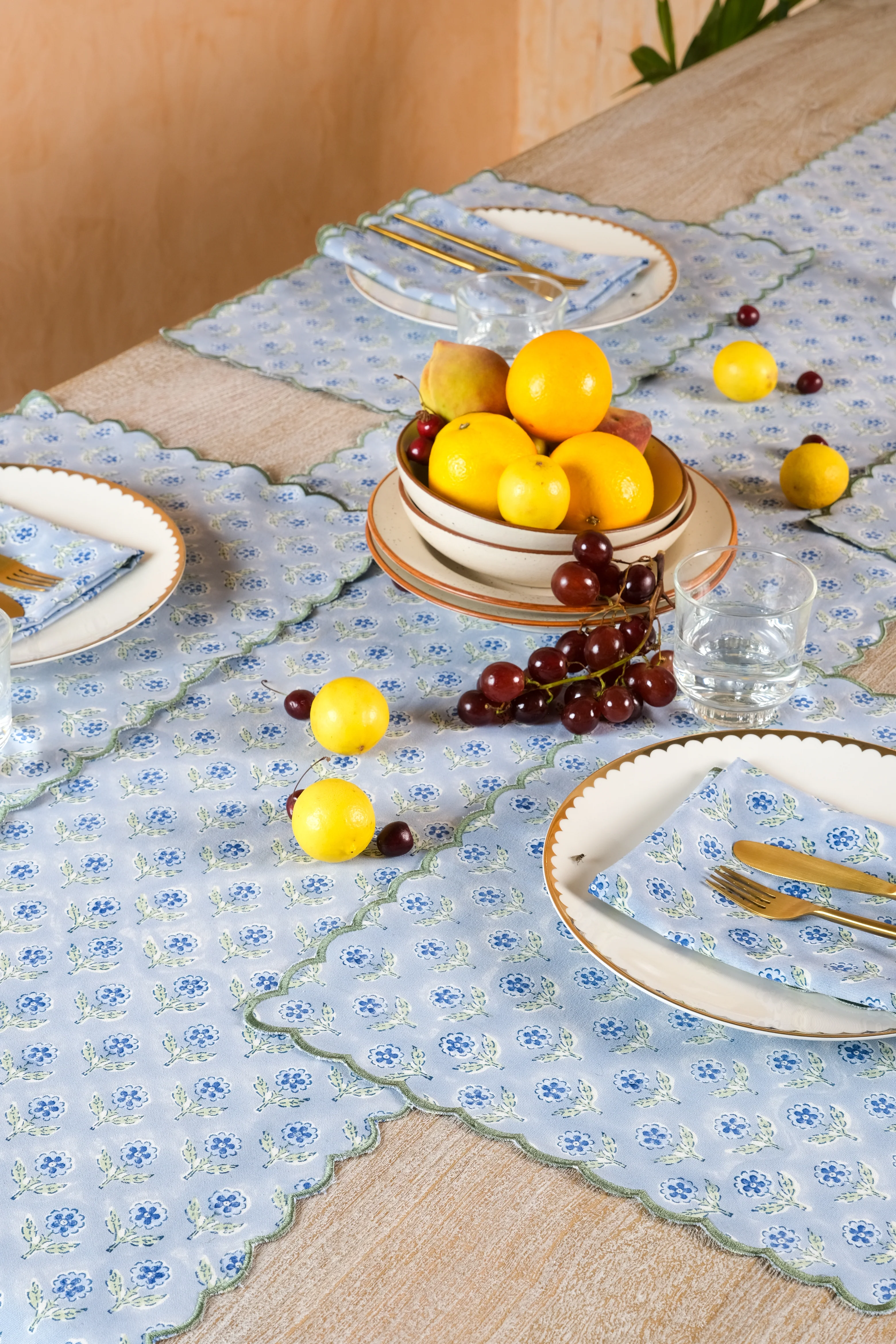 Mona Scallop Embroidered Blockprint Tablerunner in Blue - Image 3