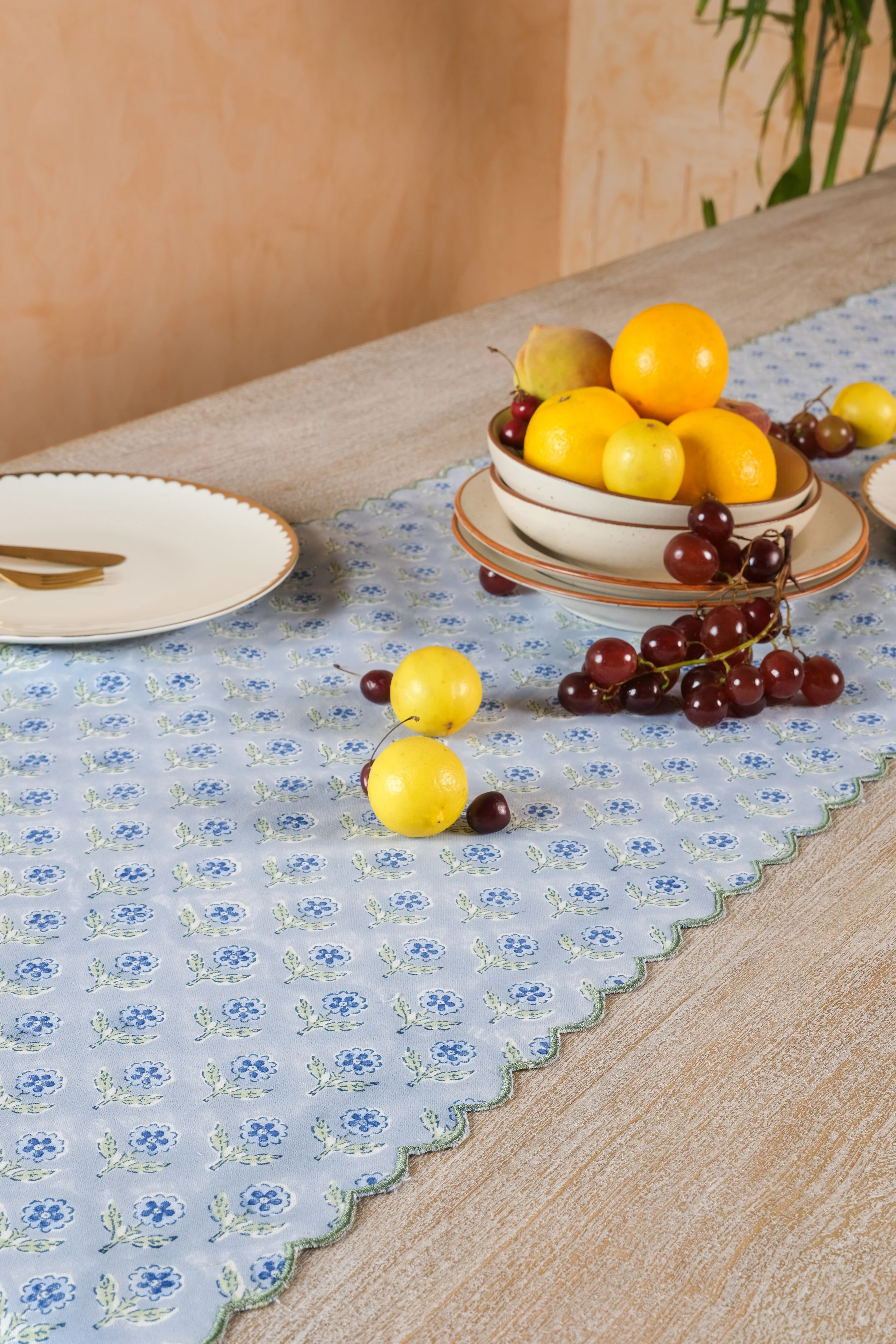 Mona Scallop Embroidered Blockprint Tablerunner in Blue - Image 4