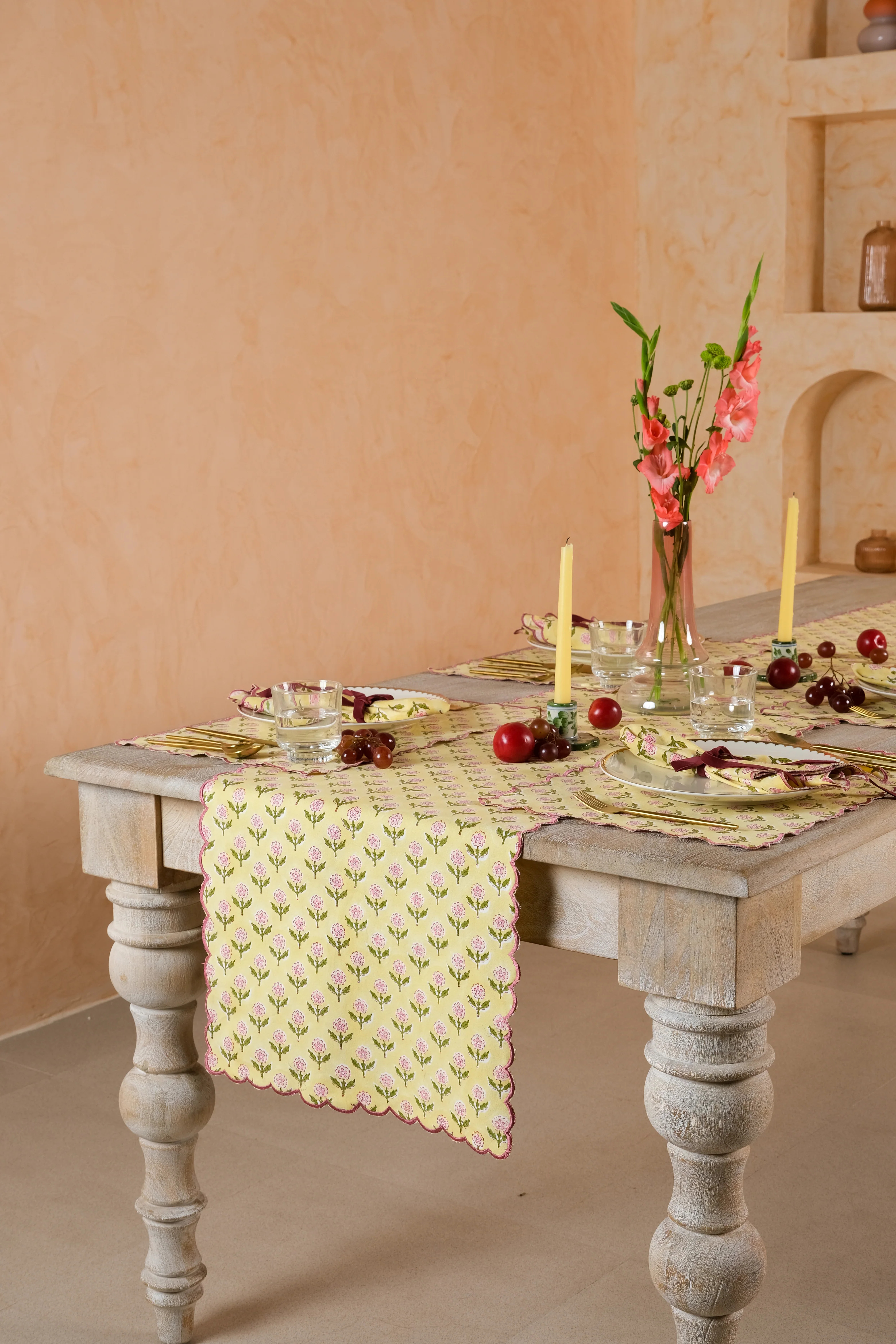 Mona Scallop Embroidered Blockprint Tablerunner in Butter Yellow - Image 4
