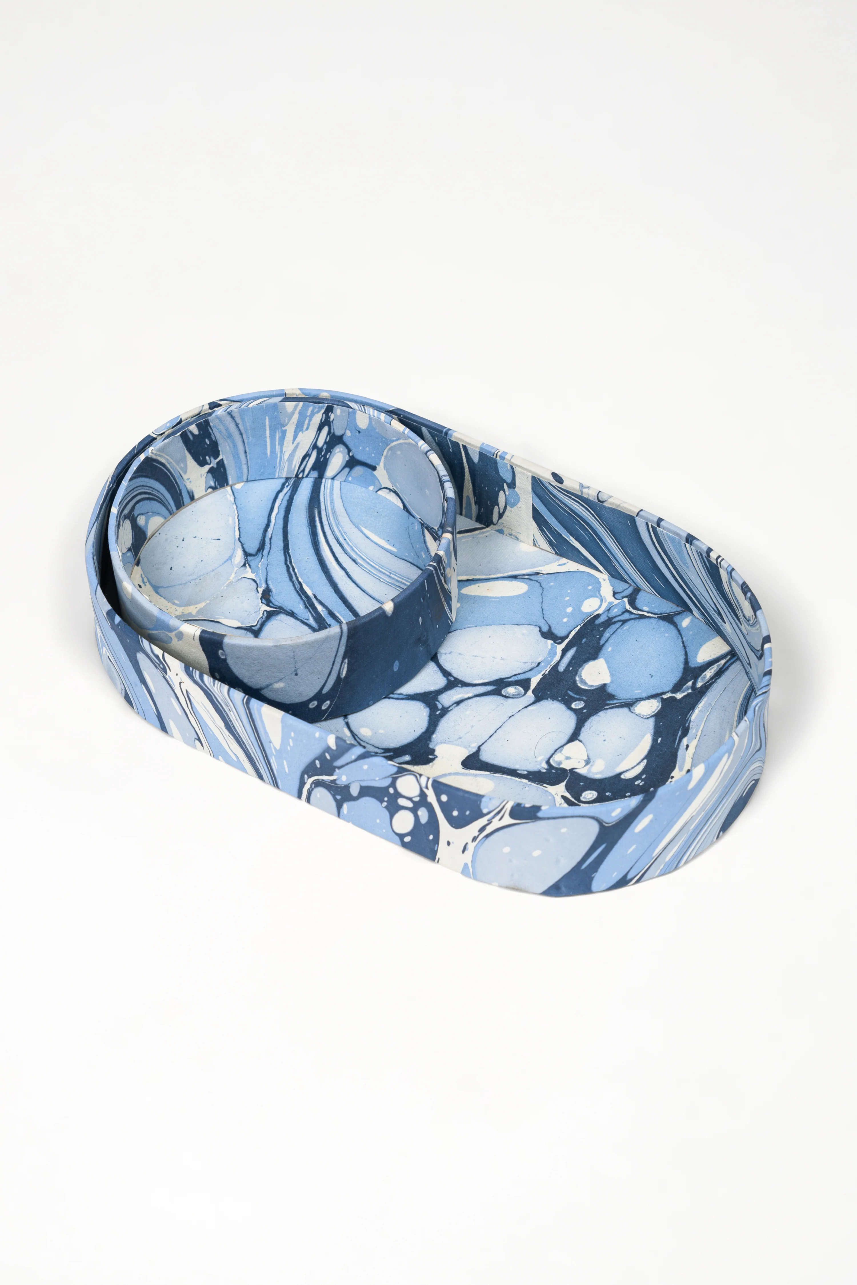 Nesting Hand-Marbled Oval Desk Tray Set in Ocean Wave - Image 3