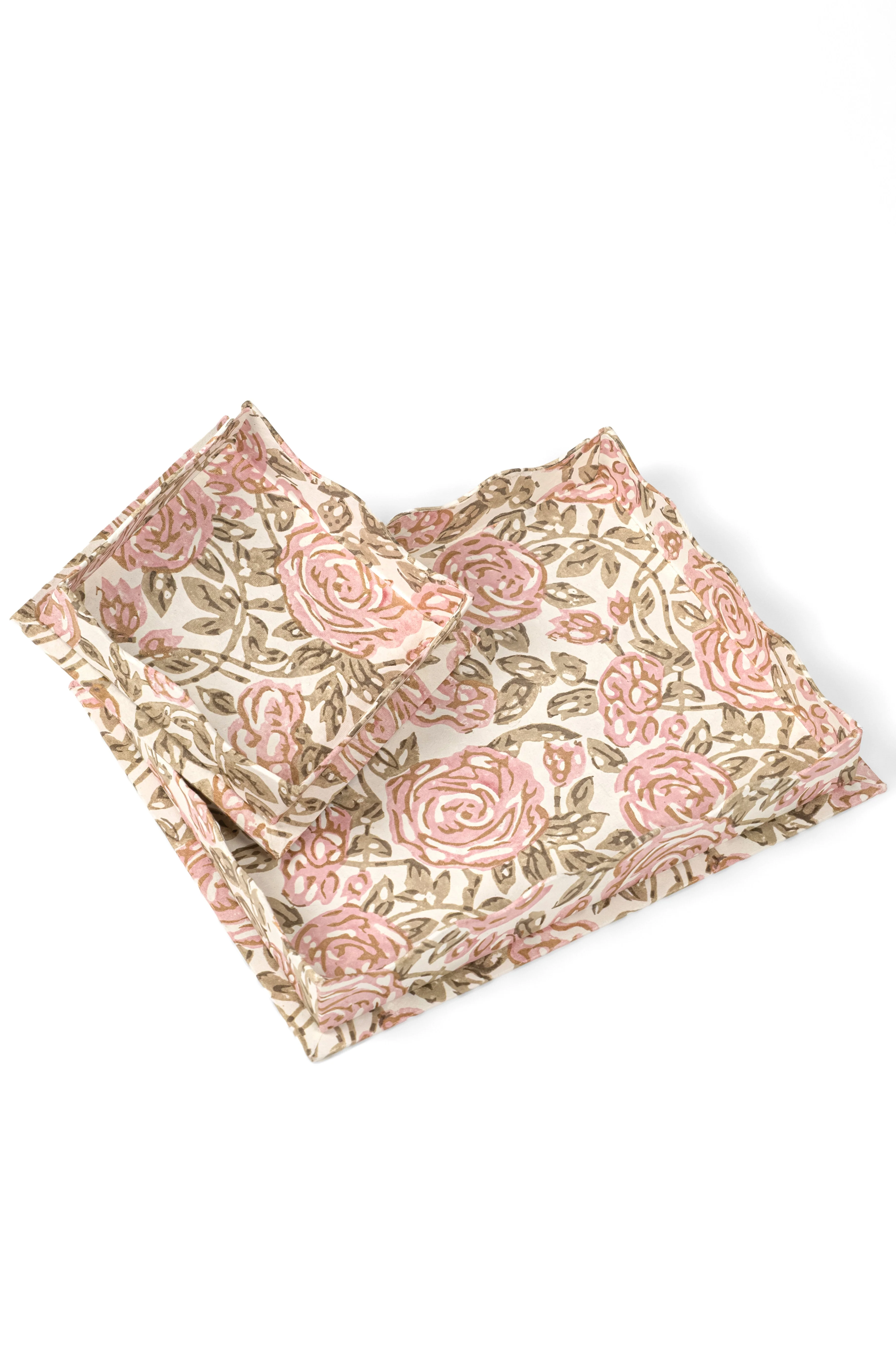Nesting Scalloped Blockprint Trays in Rose Garden