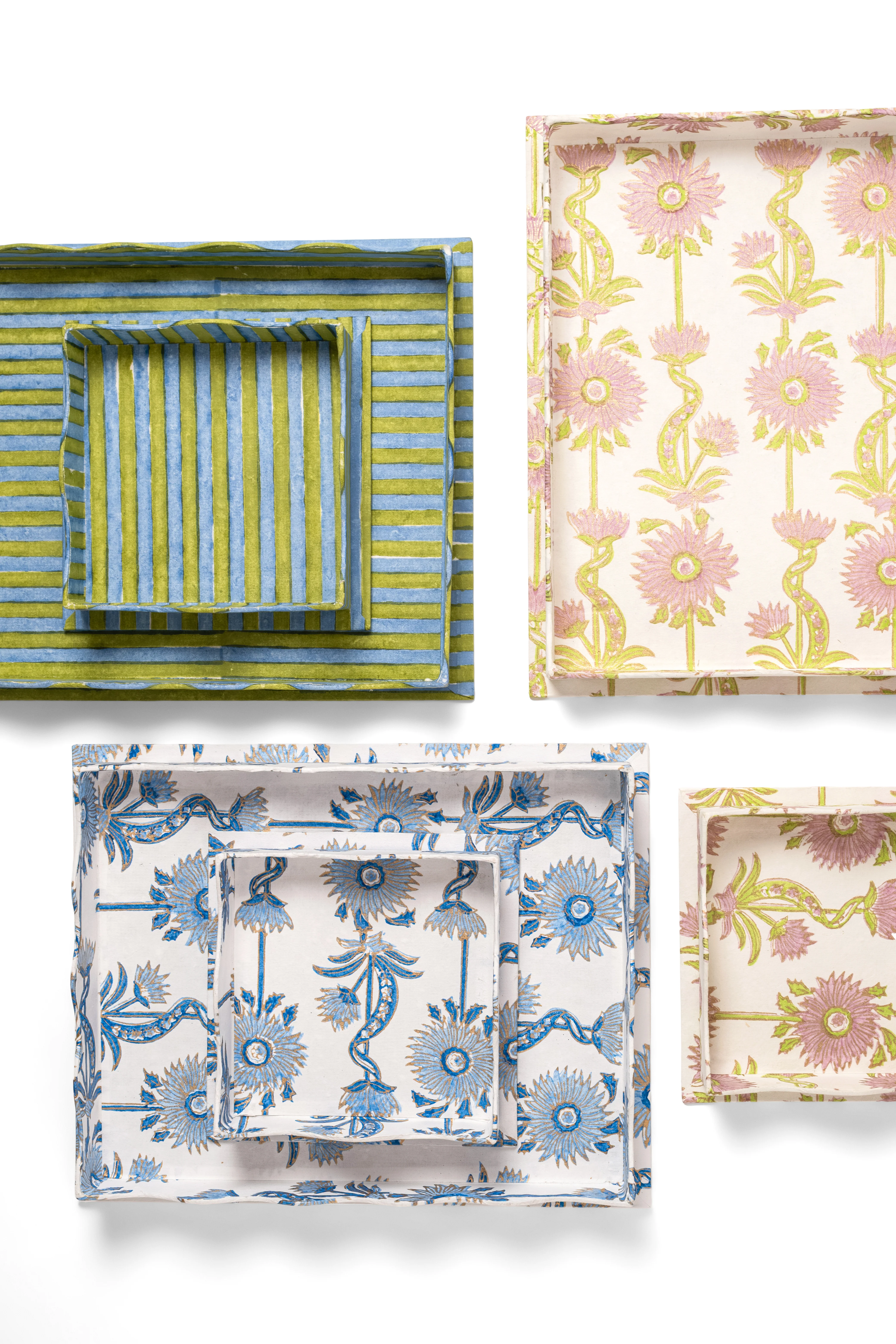 Nesting Scalloped Floral Vines Blockprint Trays in Blue - Image 6