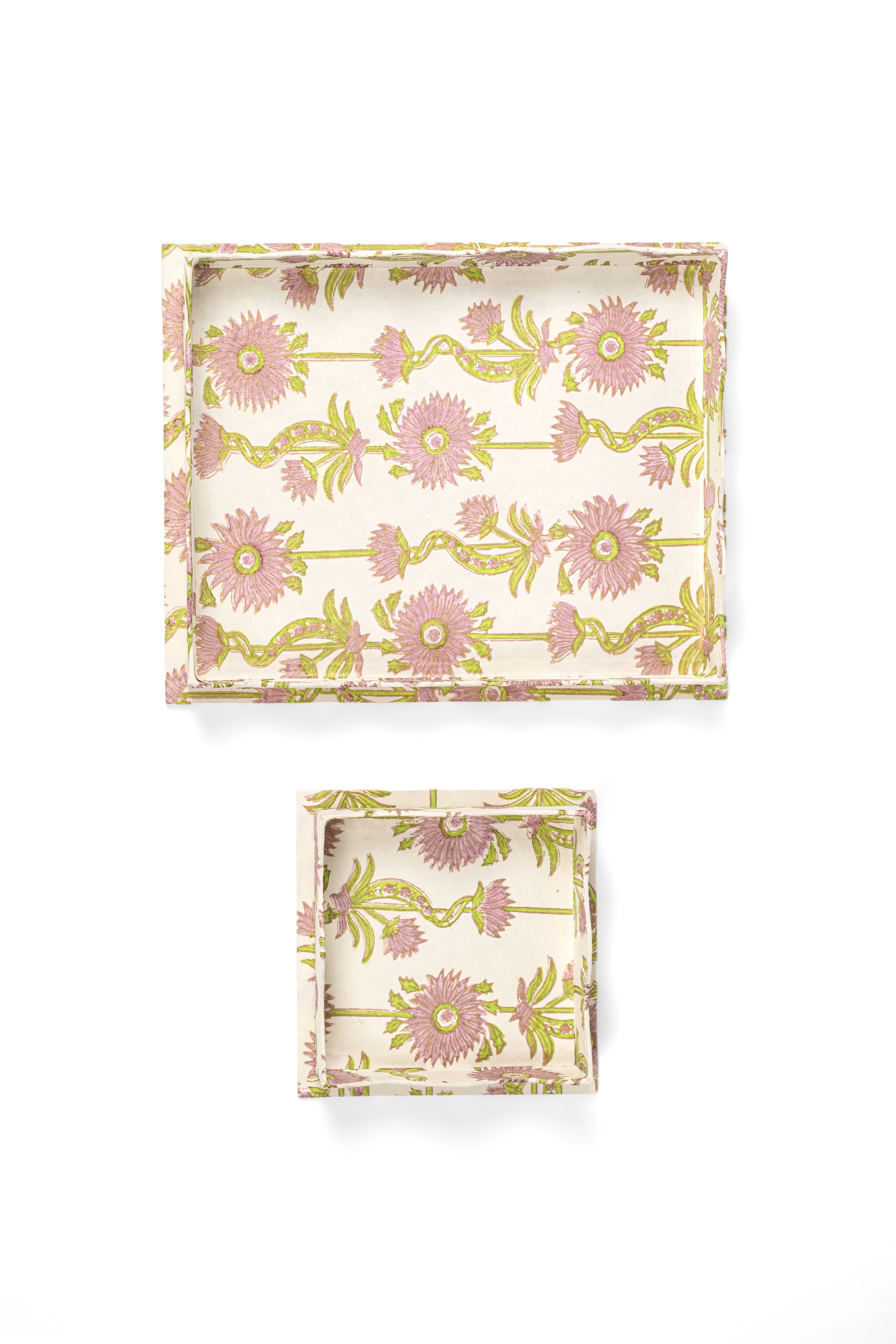 Nesting Scalloped Floral Vines Blockprint Trays in Lilac Purple - Image 2