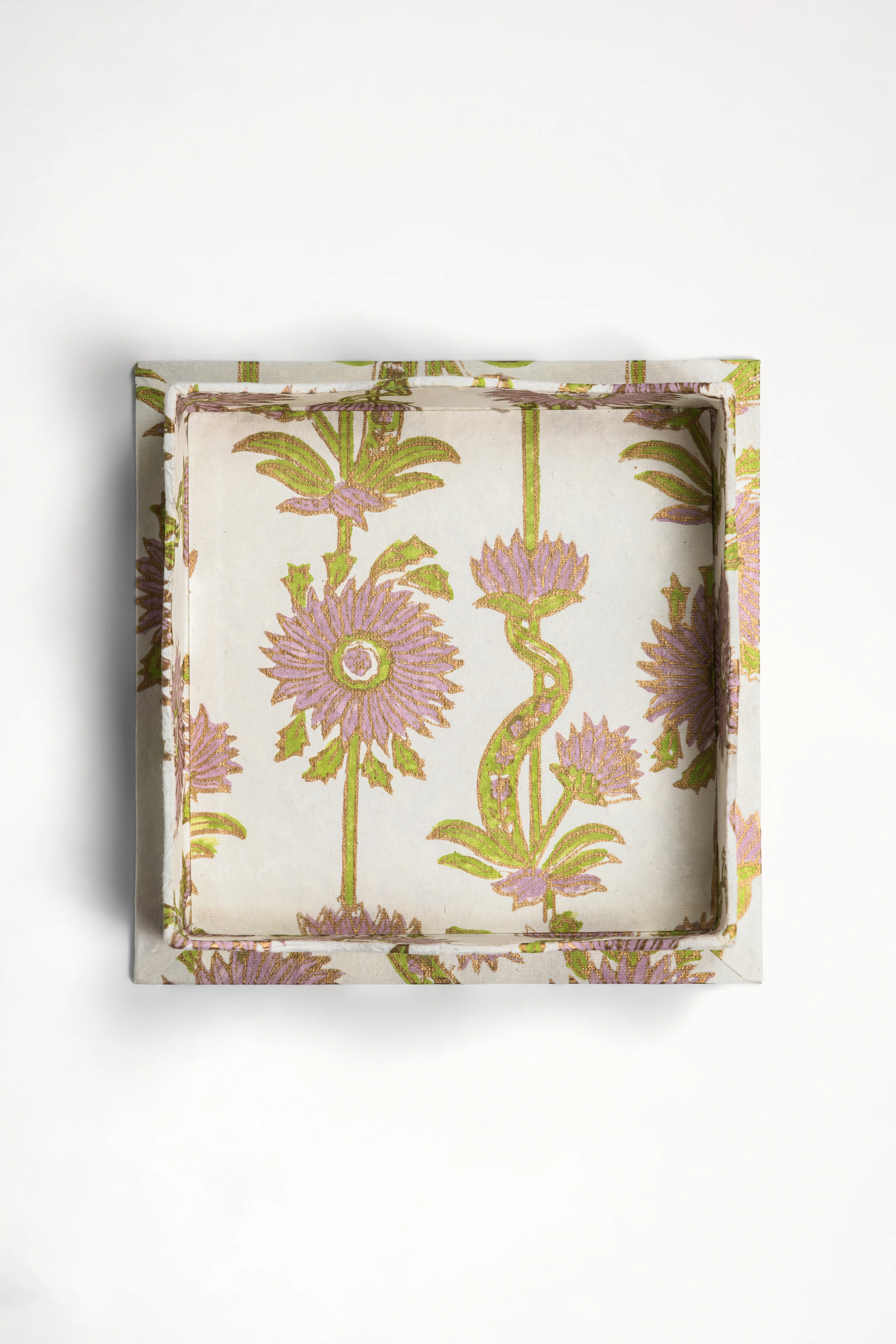 Nesting Scalloped Floral Vines Blockprint Trays in Lilac Purple - Image 4
