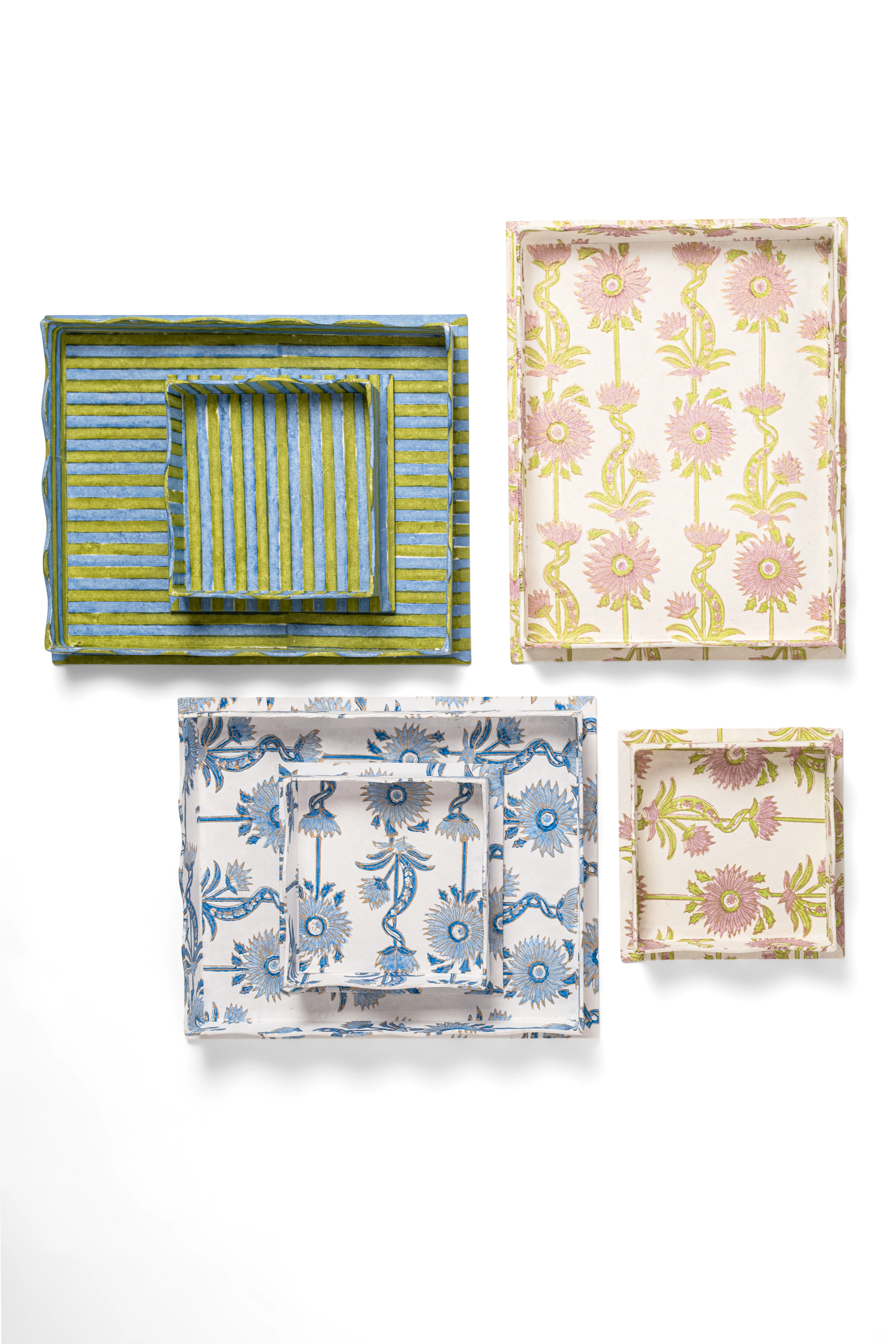 Nesting Scalloped Floral Vines Blockprint Trays in Lilac Purple - Image 6