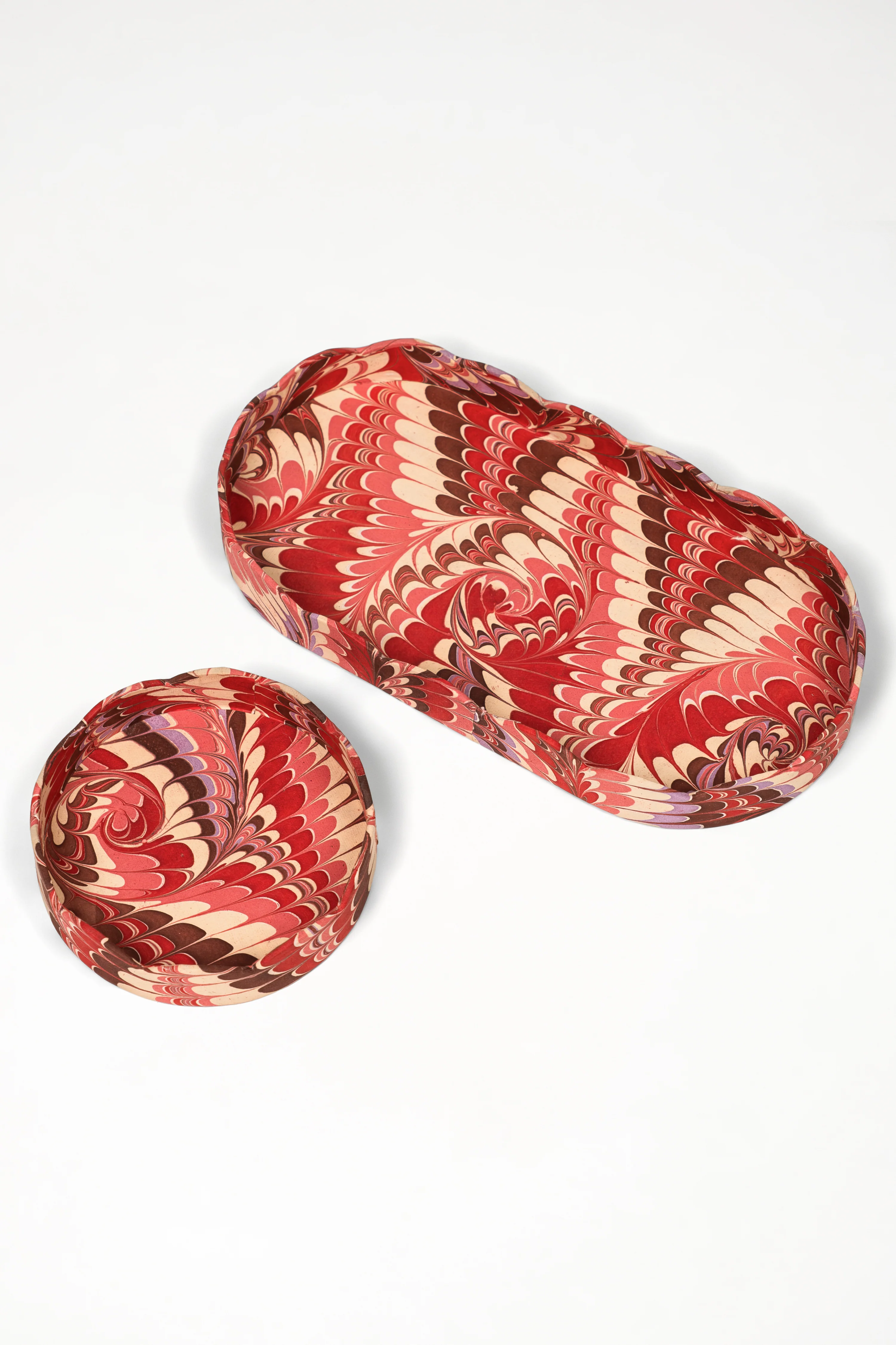 Nesting Scalloped Hand-Marbled Oval Desk Tray Set in Florentine Pink - Image 2
