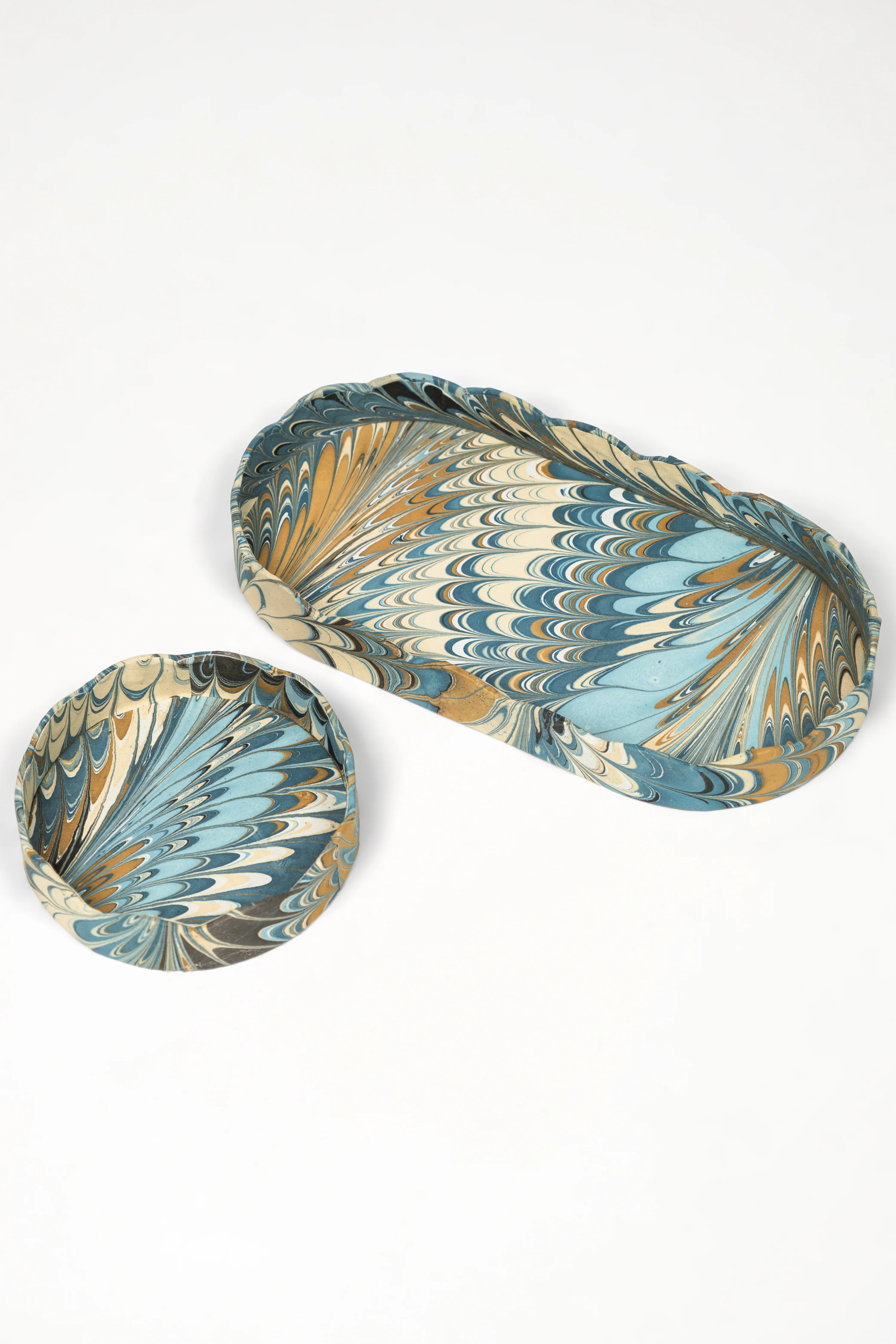 Nesting Scalloped Hand-Marbled Oval Desk Tray Set in Nila Feathers - Image 2