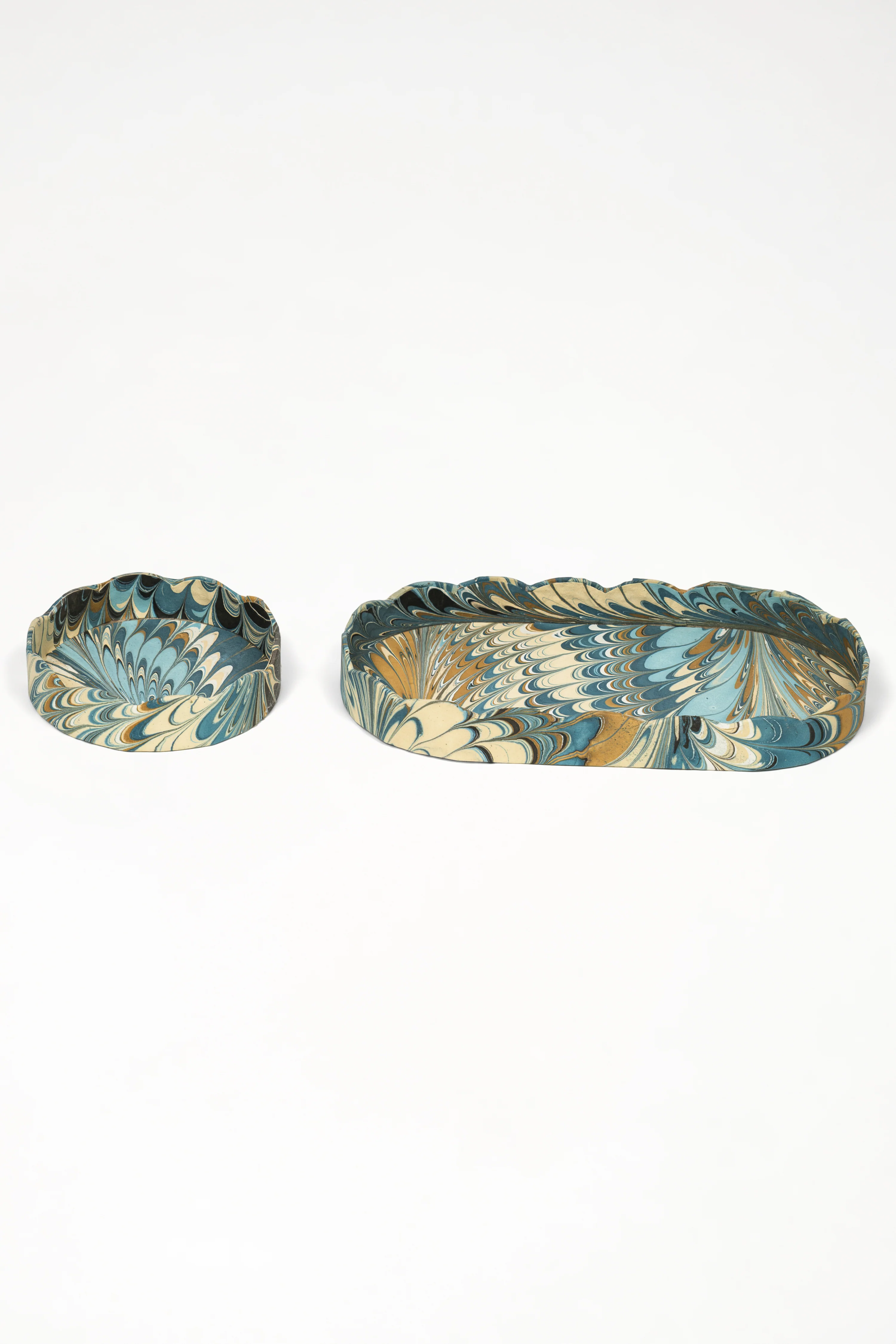 Nesting Scalloped Hand-Marbled Oval Desk Tray Set in Nila Feathers - Image 3