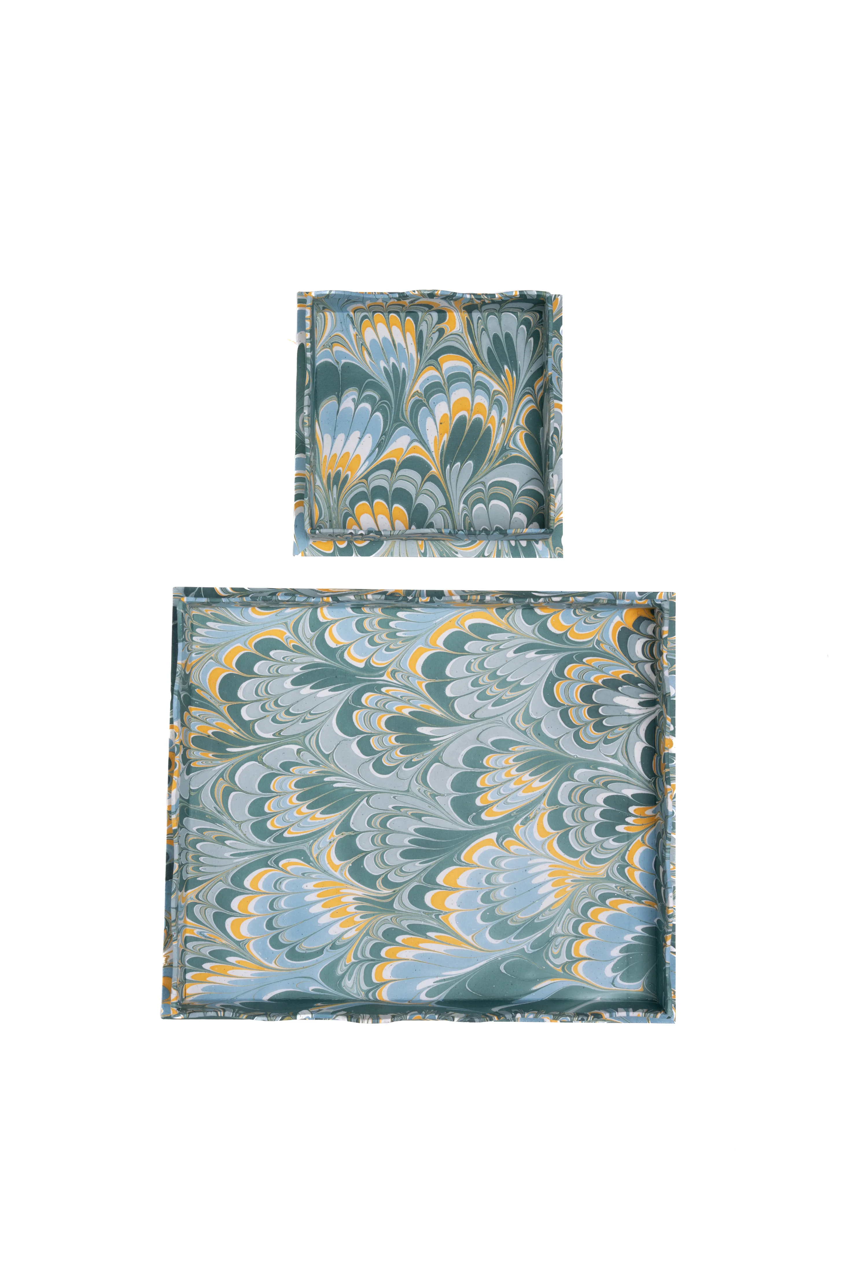Nesting Scalloped Hand-Marbled Trays in Blue - Image 3