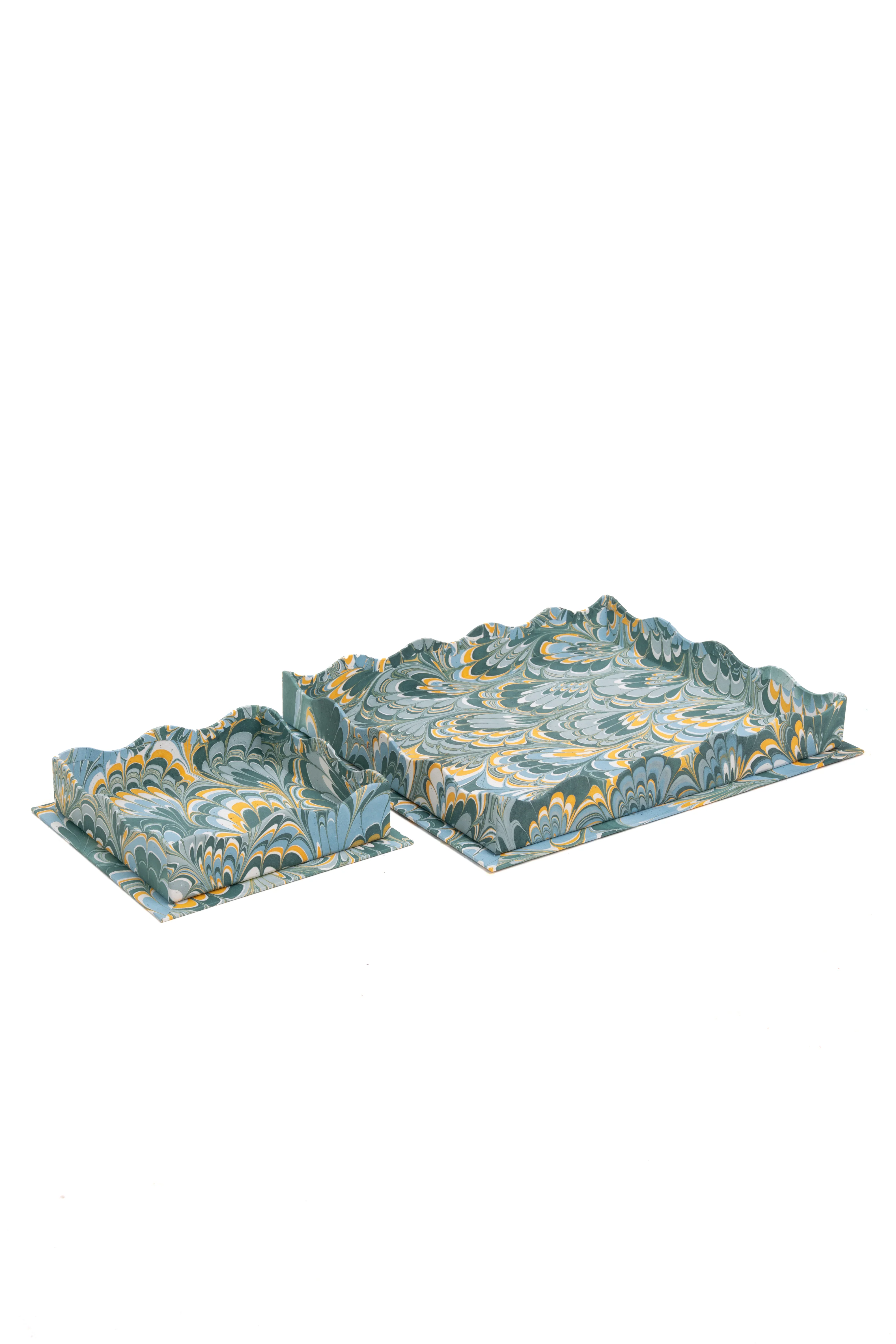 Nesting Scalloped Hand-Marbled Trays in Blue - Image 4