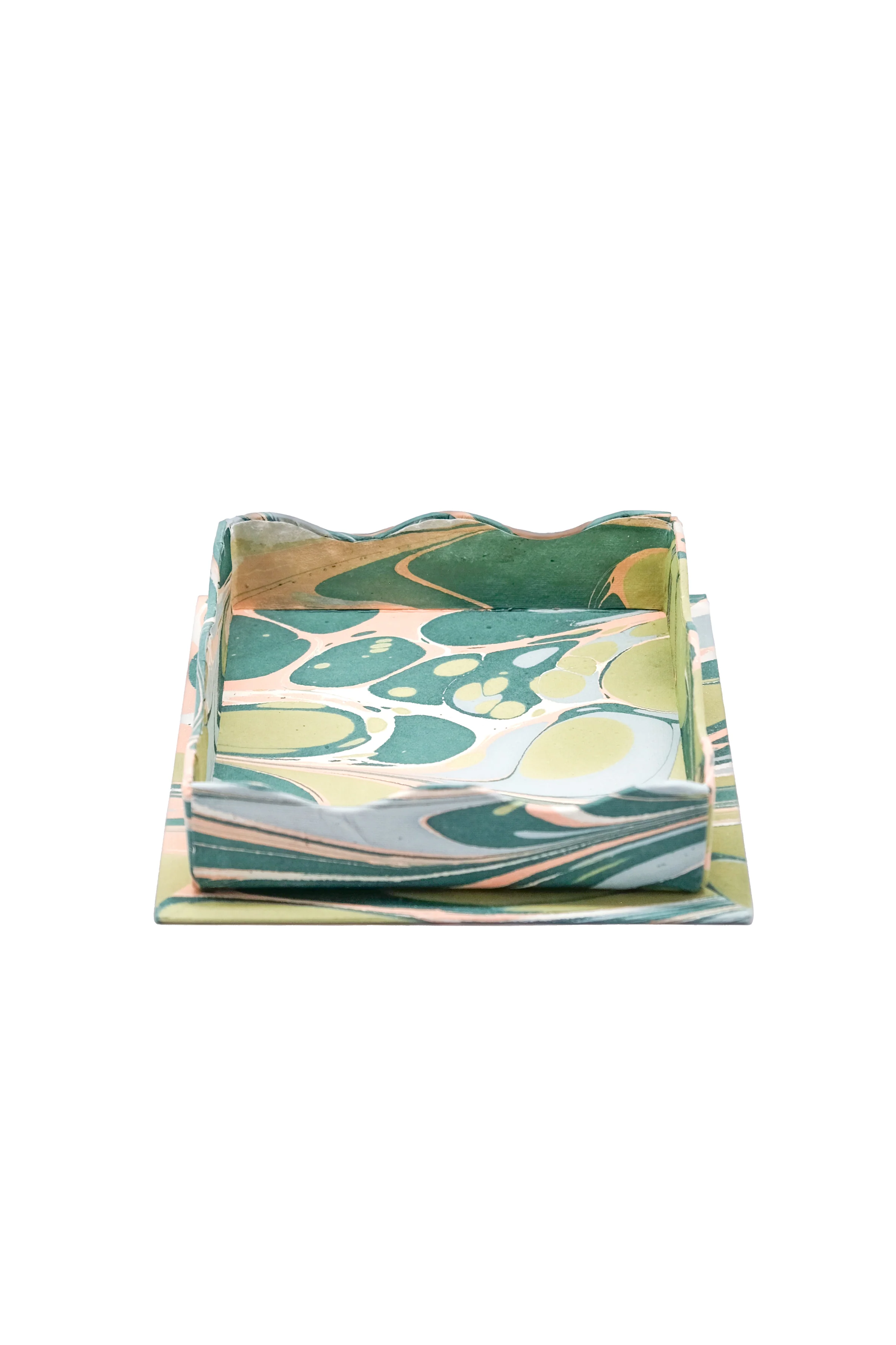 Nesting Scalloped Hand-Marbled Trays in Green and Pink - Image 3