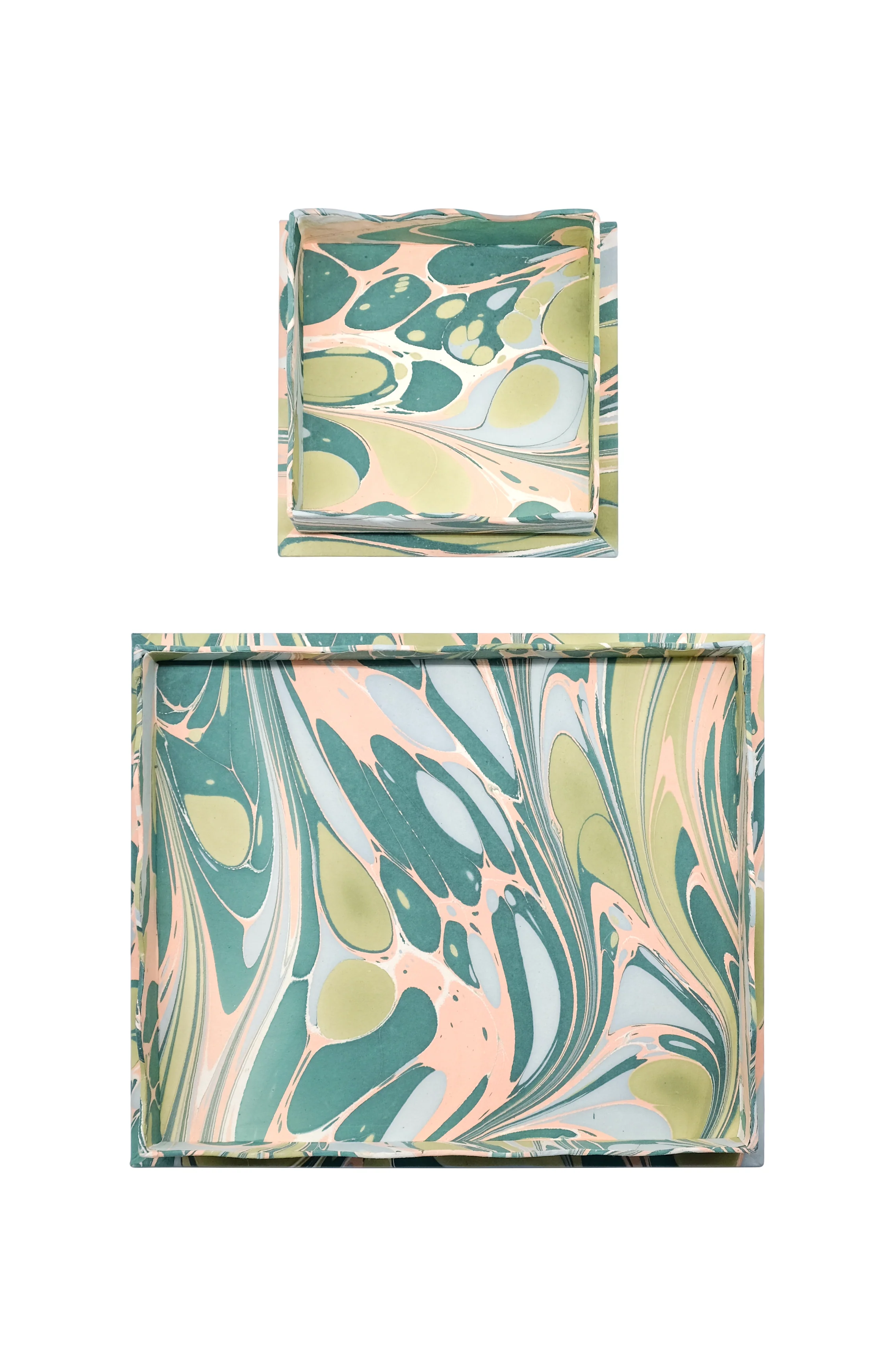 Nesting Scalloped Hand-Marbled Trays in Green and Pink - Image 4