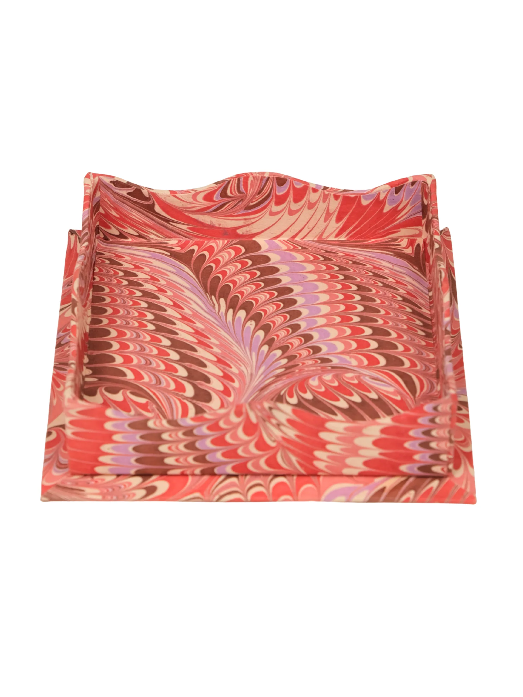 Nesting Scalloped Hand-Marbled Trays in Florentine Pink - Image 3