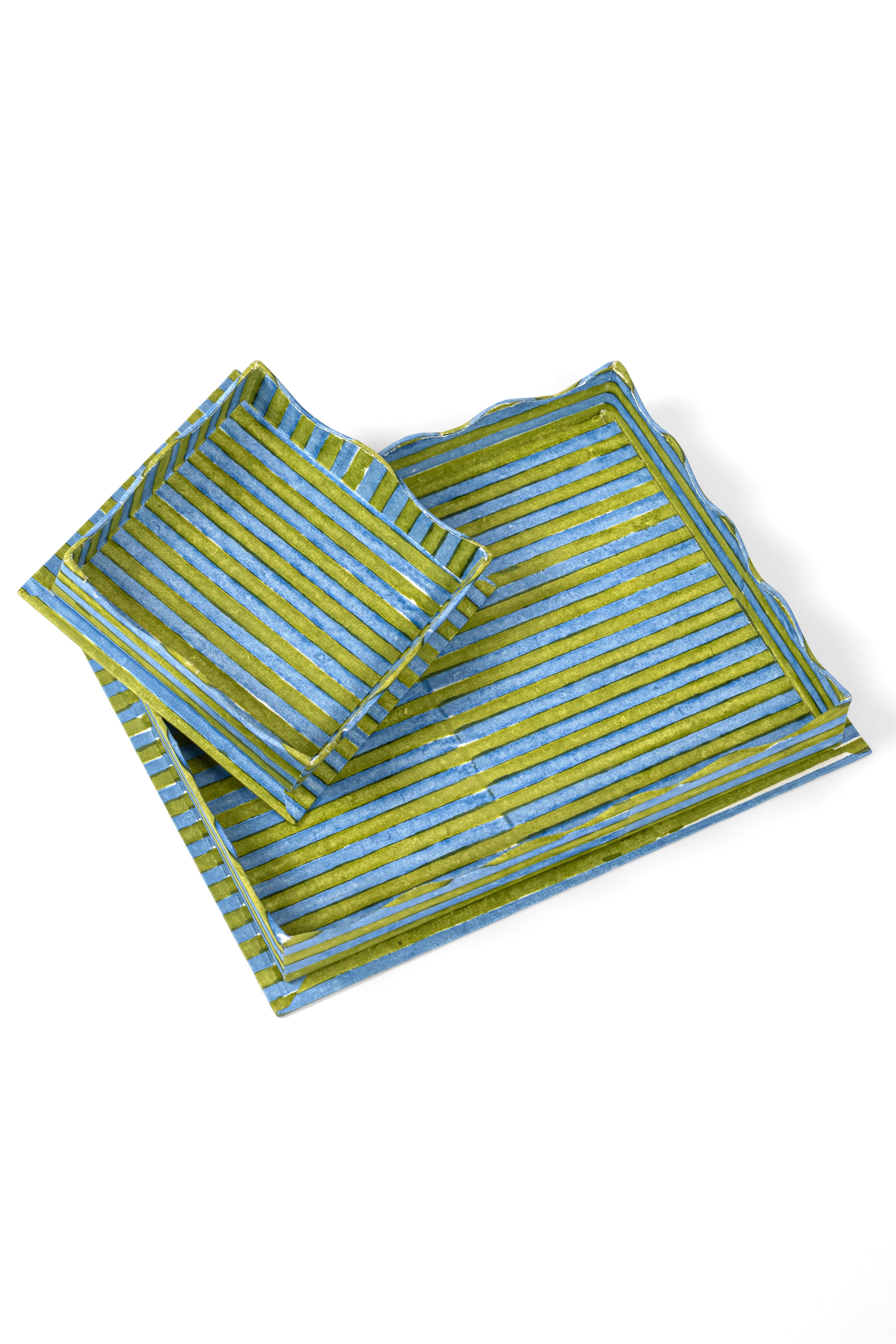 Nesting Scalloped Stripes Blockprint Trays in Green Blue