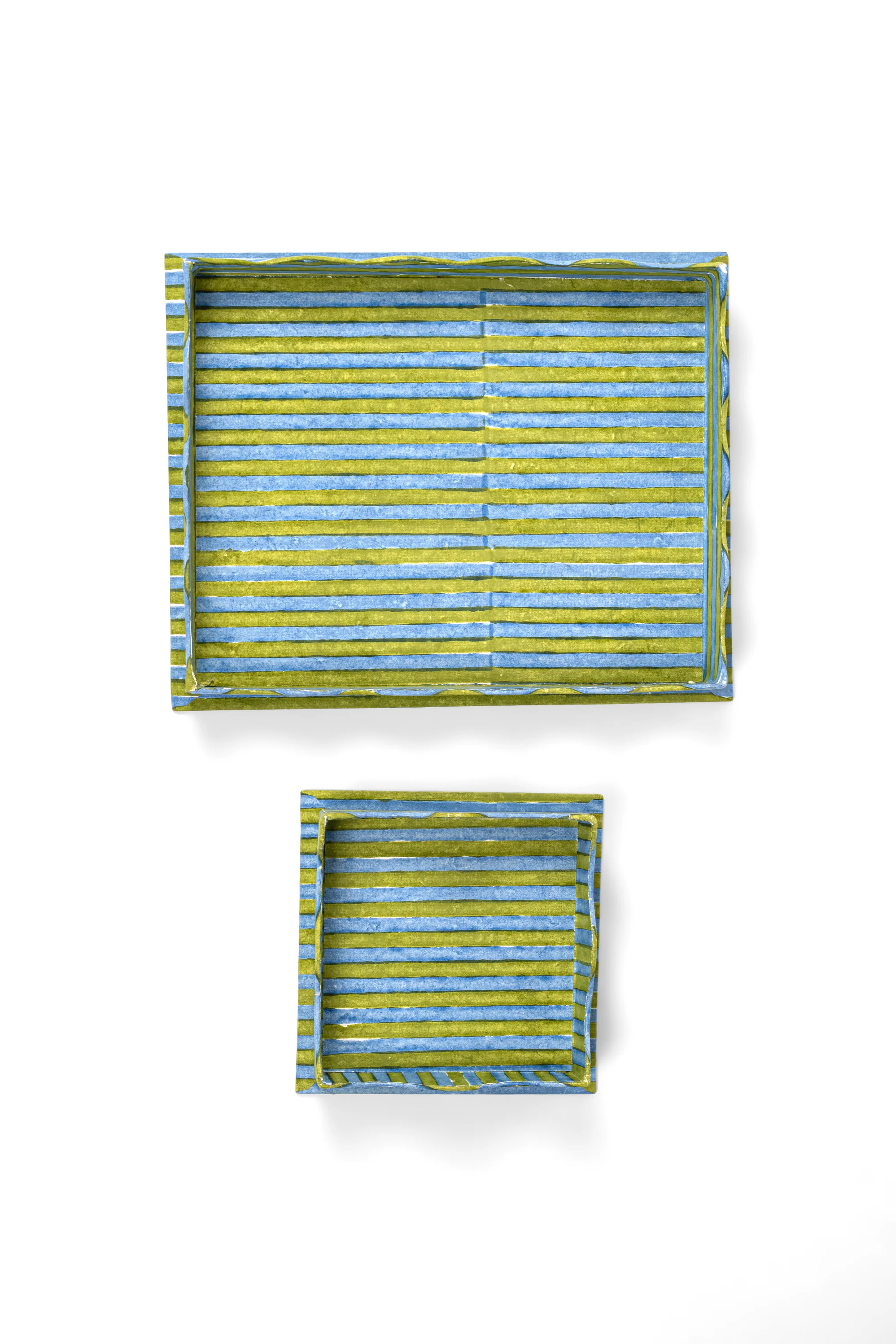 Nesting Scalloped Stripes Blockprint Trays in Green Blue - Image 2