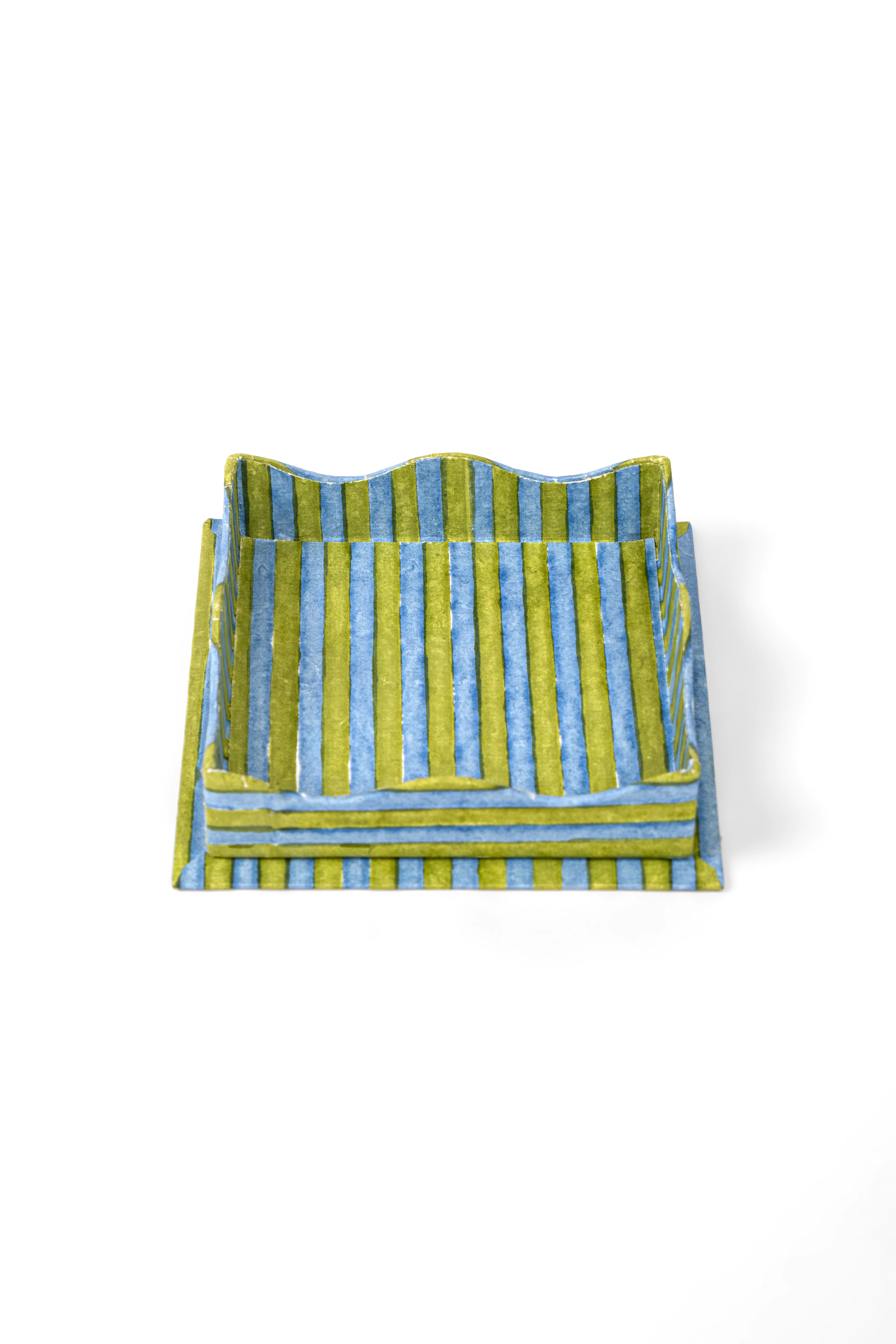 Nesting Scalloped Stripes Blockprint Trays in Green Blue - Image 3