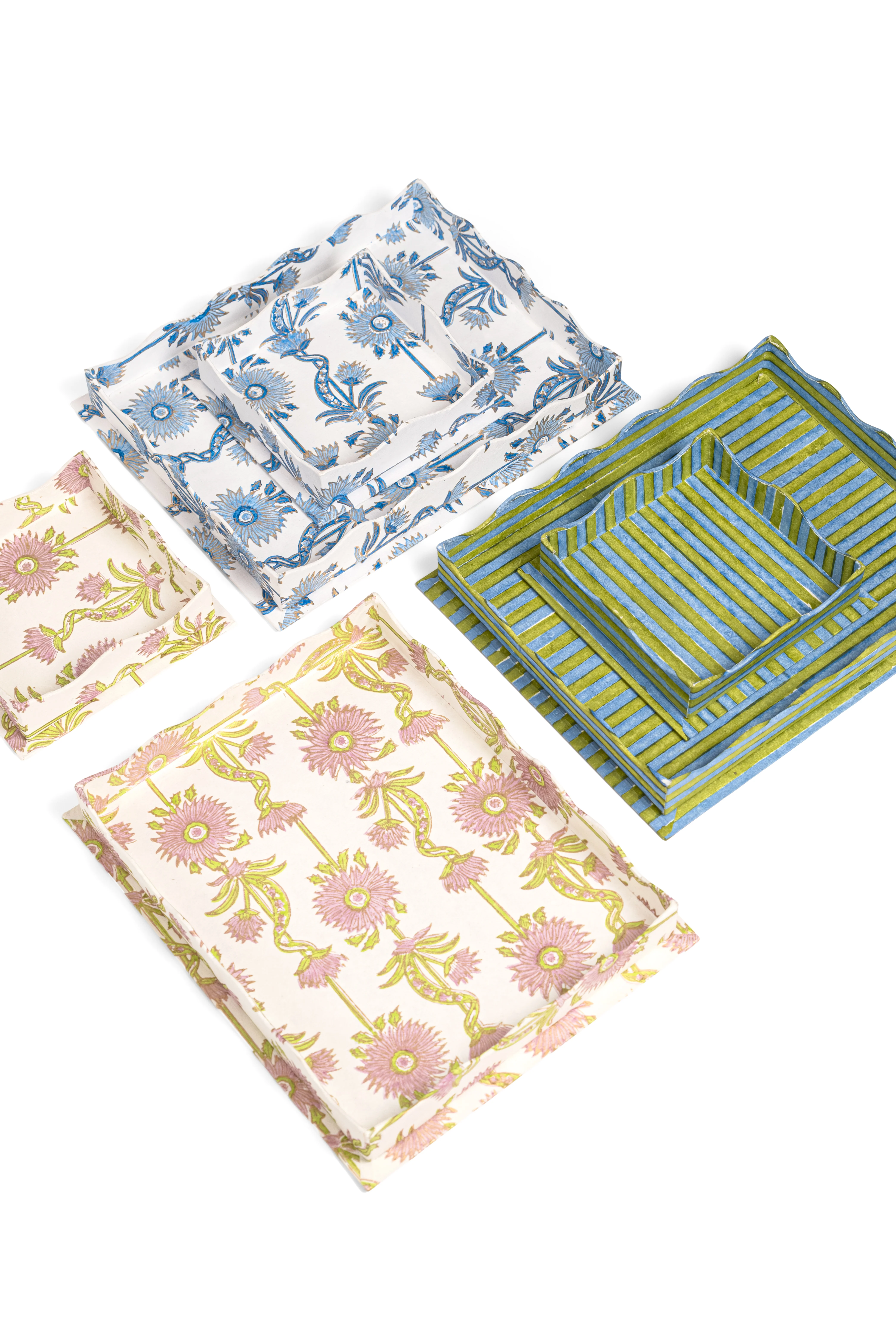 Nesting Scalloped Stripes Blockprint Trays in Green Blue - Image 6