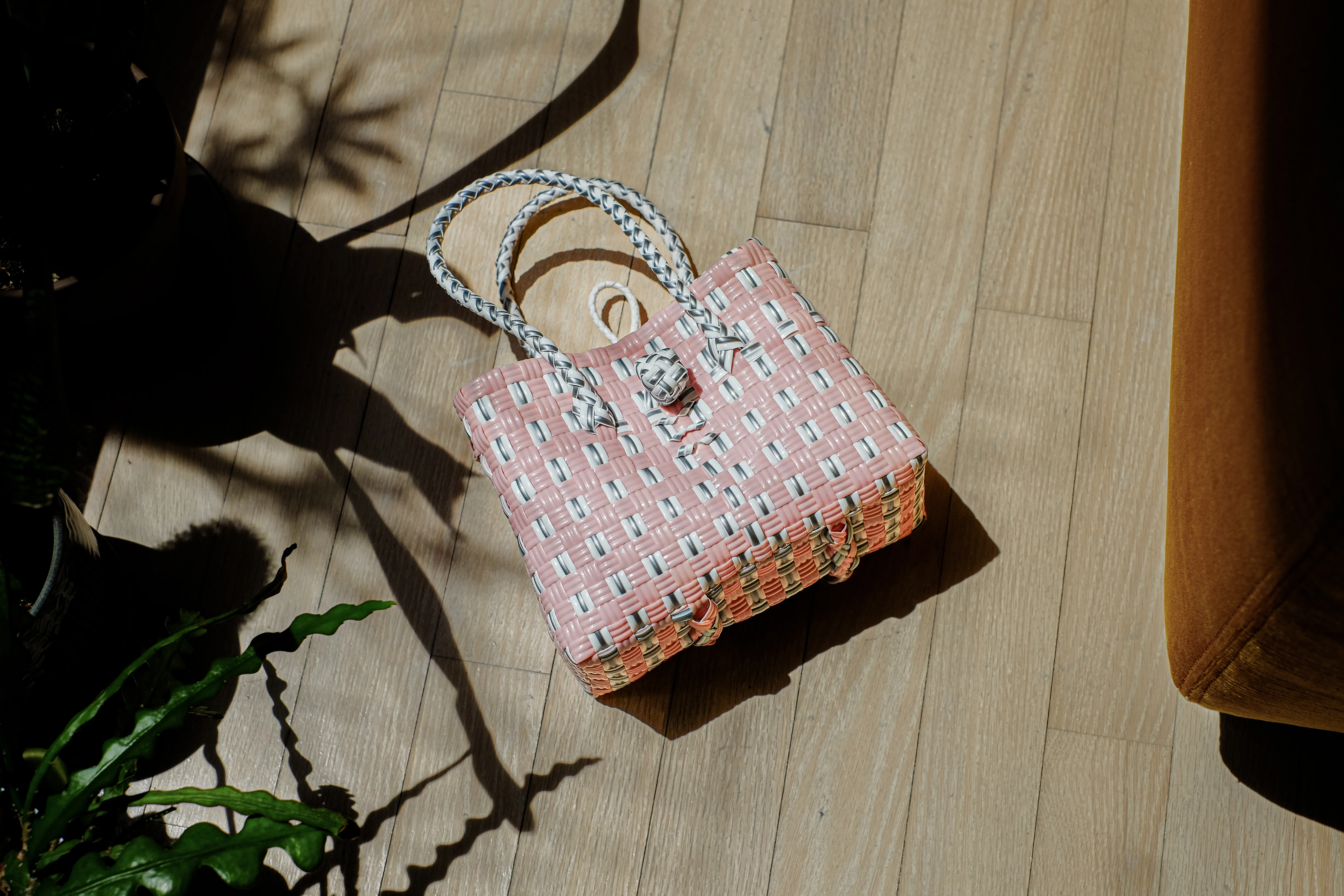"Saigon Birkin" Recycled Plastic Bag in Light Pink and Grey - Image 3