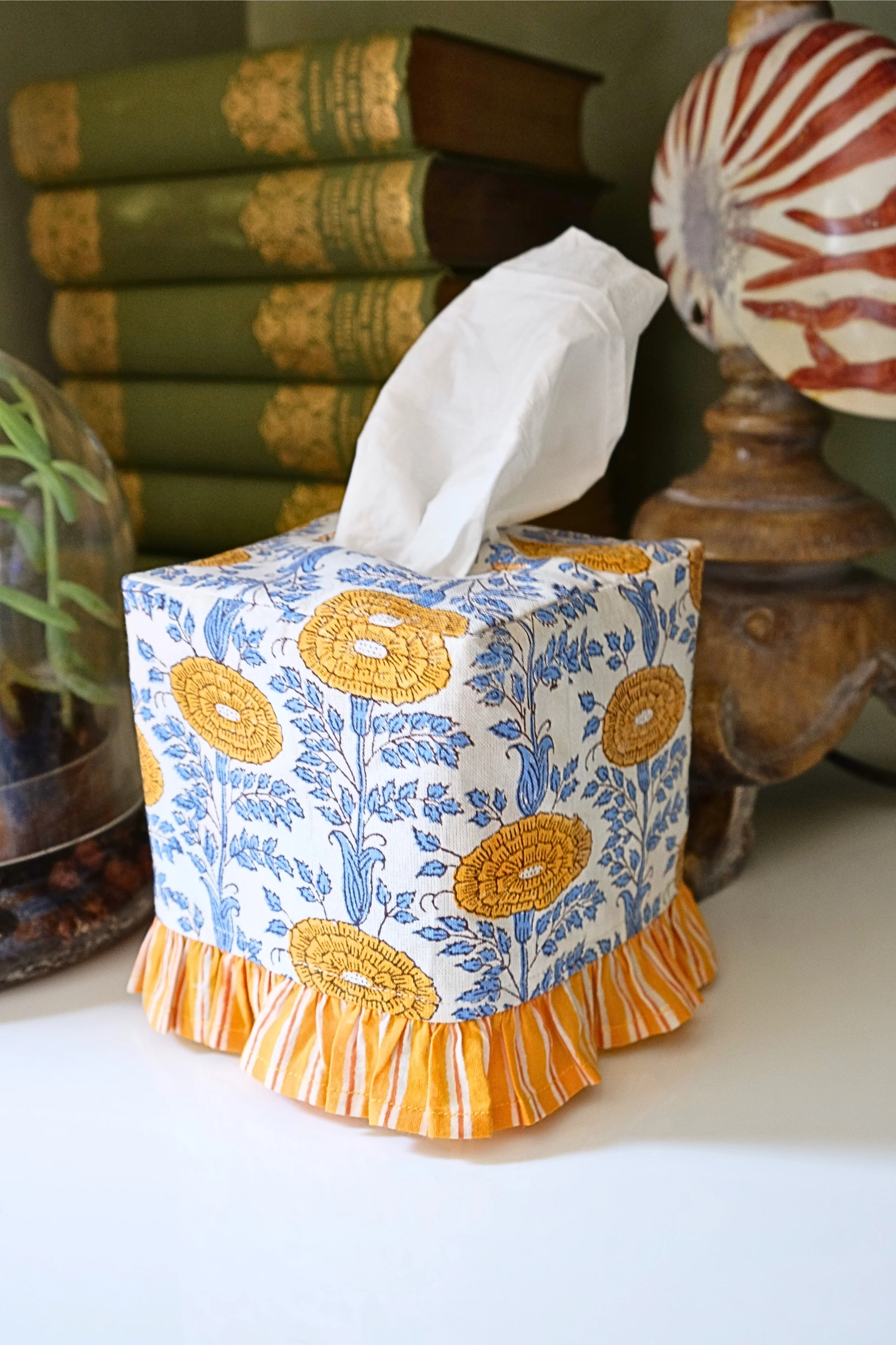 Ruffled Tissue Box Cover in Araminta Yellow Blockprint - Image 2