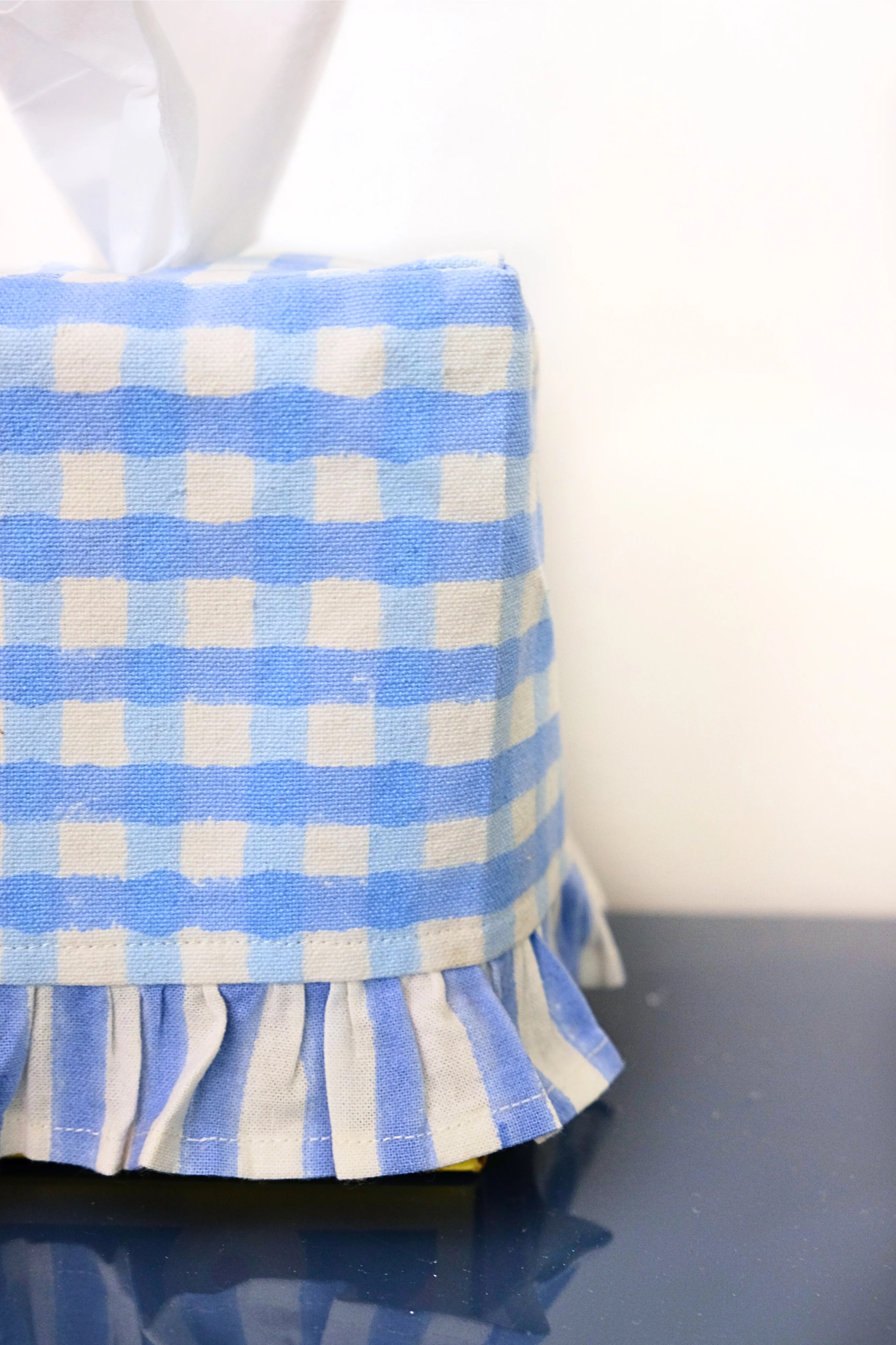Ruffled Tissue Box Cover in Blue Gingham Blockprint - Image 2