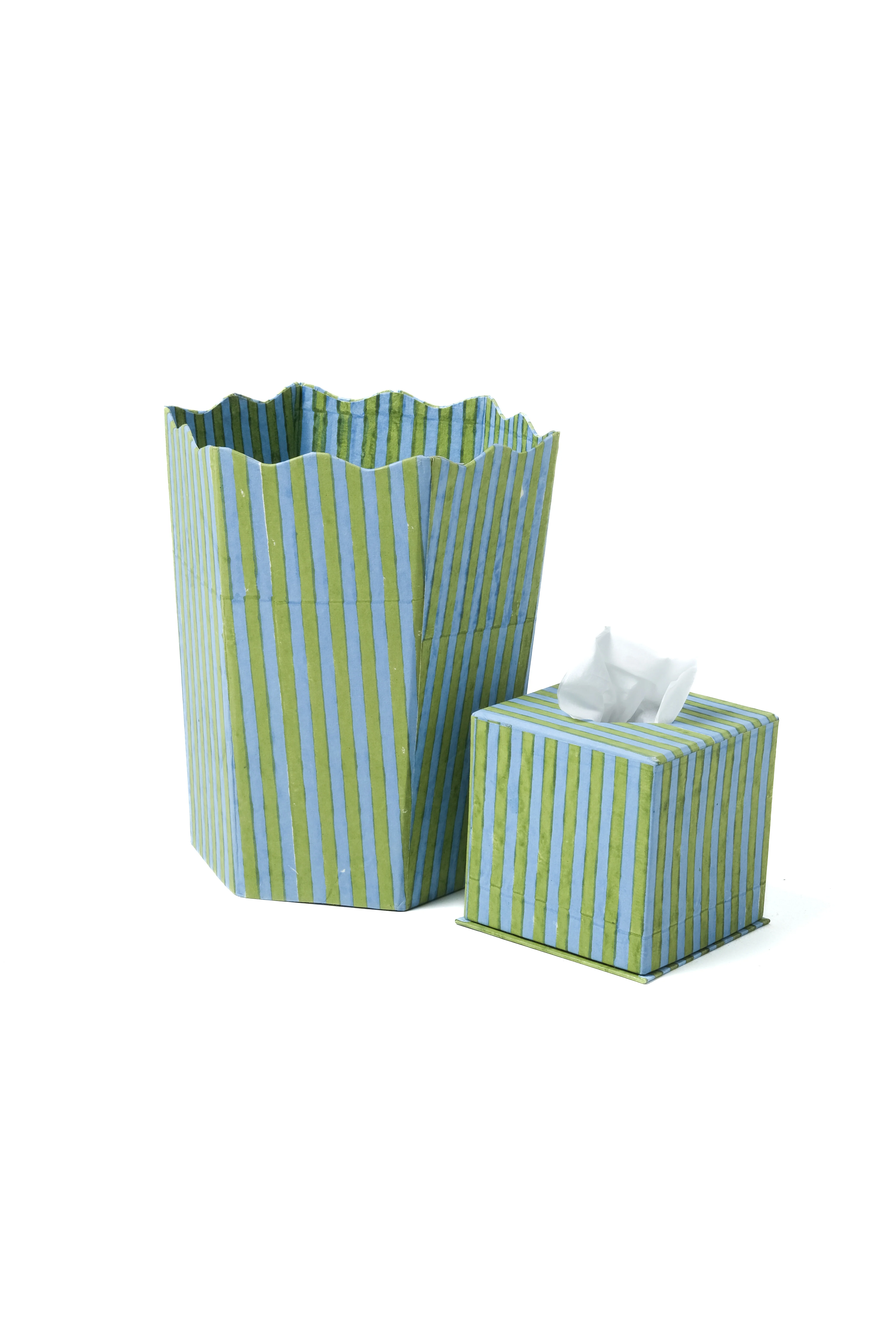 Blockprint Scallop Waste Bin / Storage Bin in Green and Blue Stripes - Image 3