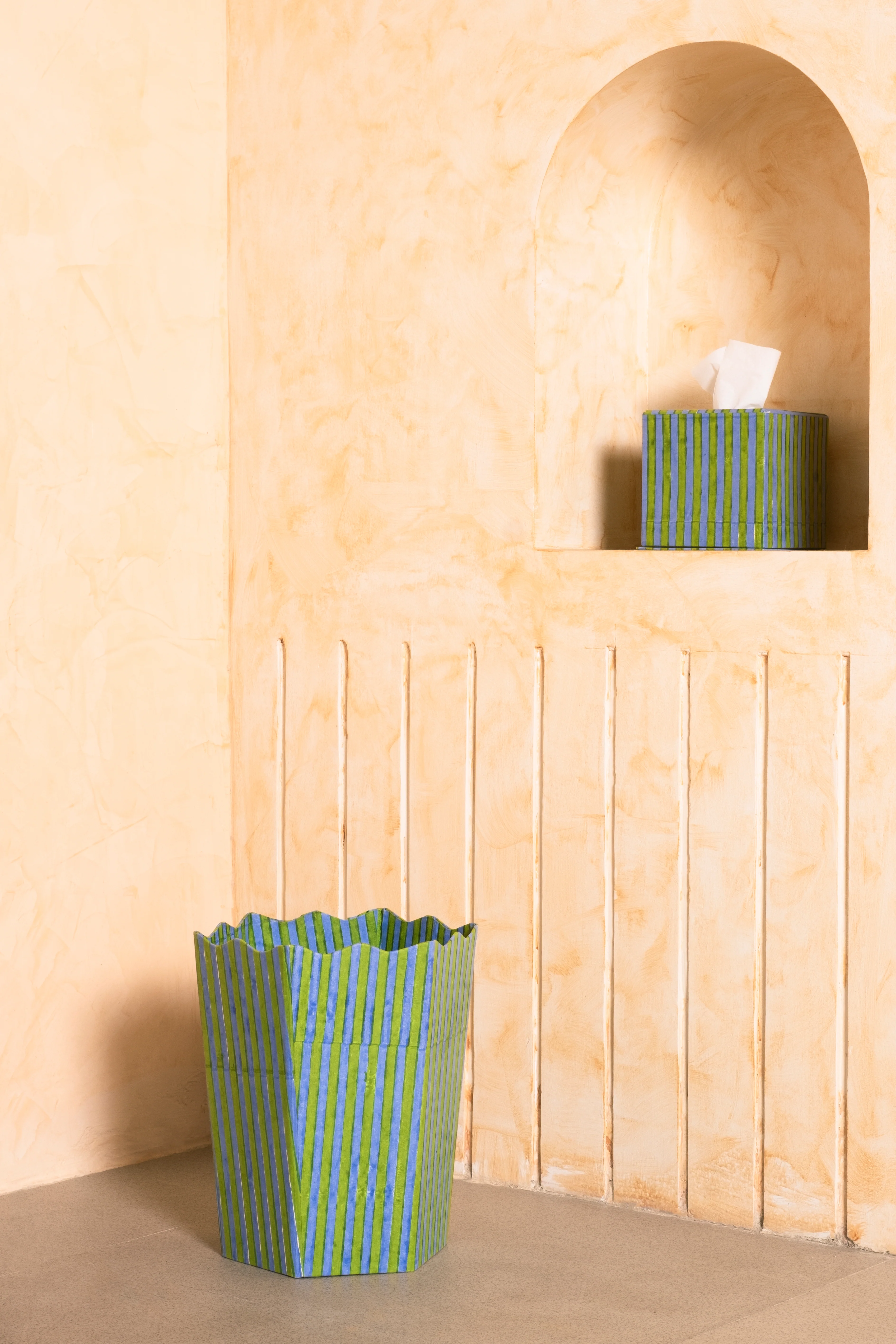 Blockprint Scallop Waste Bin / Storage Bin in Green and Blue Stripes - Image 4