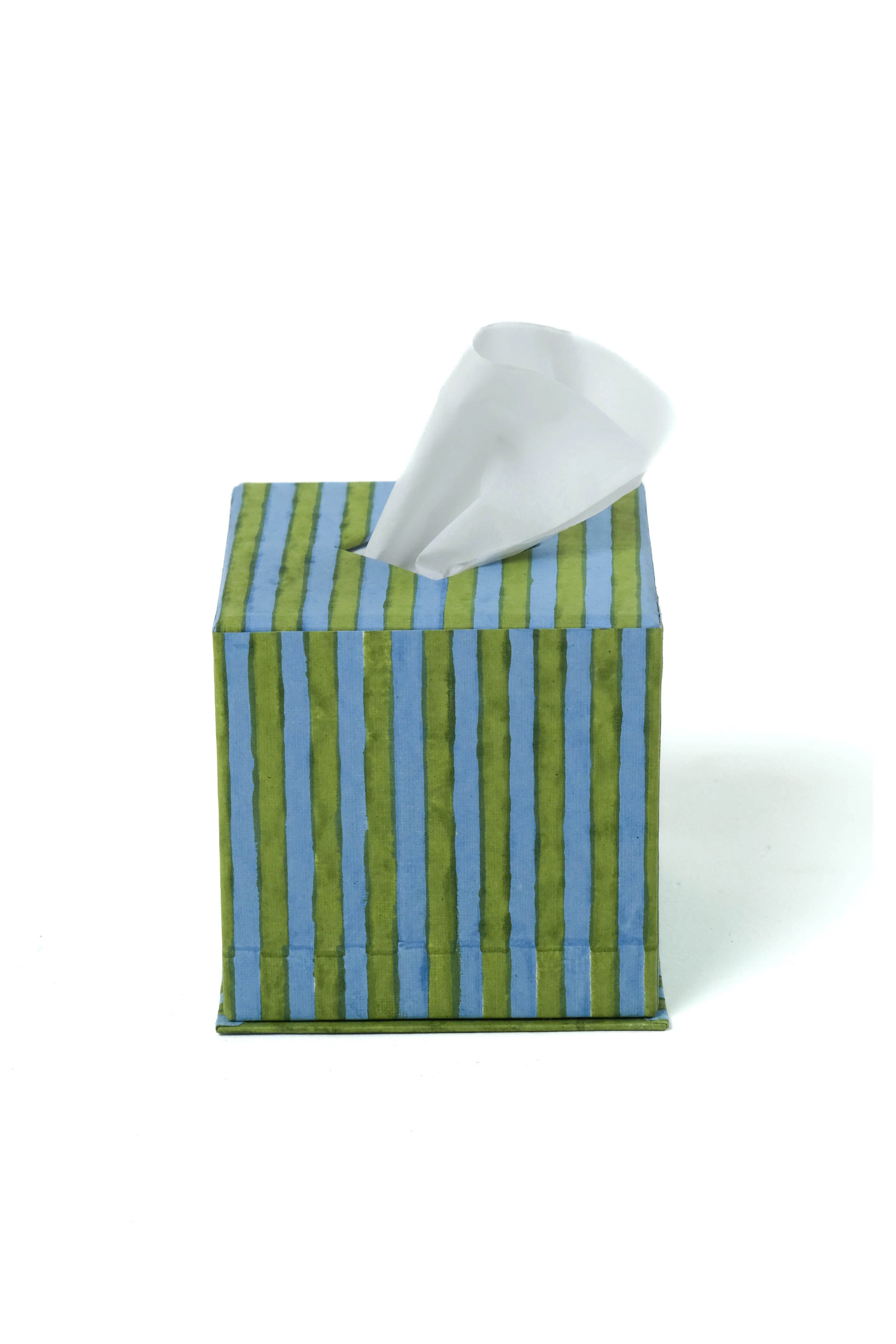 Blockprint Tissue Box Cover in Green and Blue Stripes - Image 5