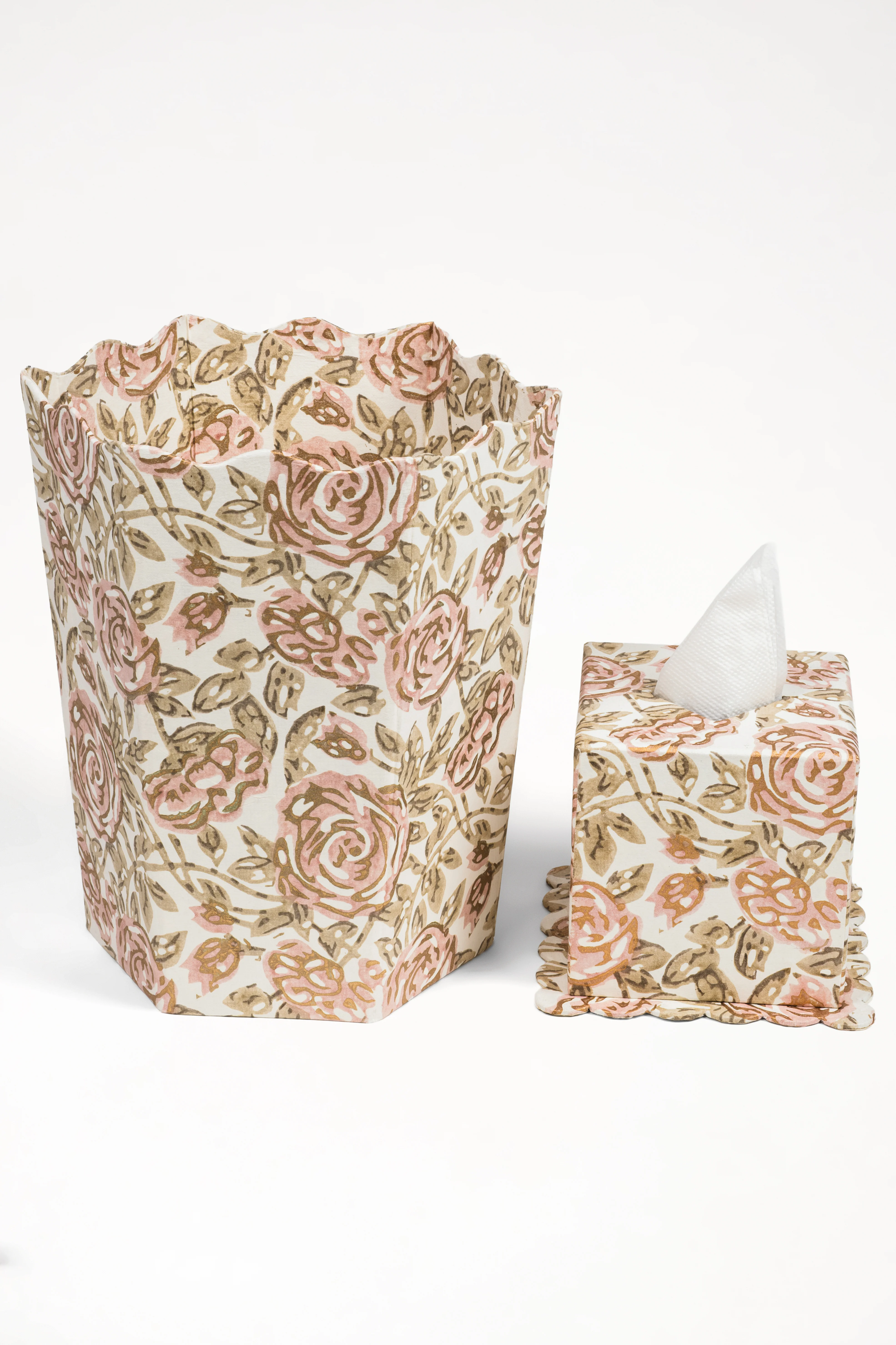Blockprint Scallop Waste Bin / Storage Bin in Rose Garden - Image 3
