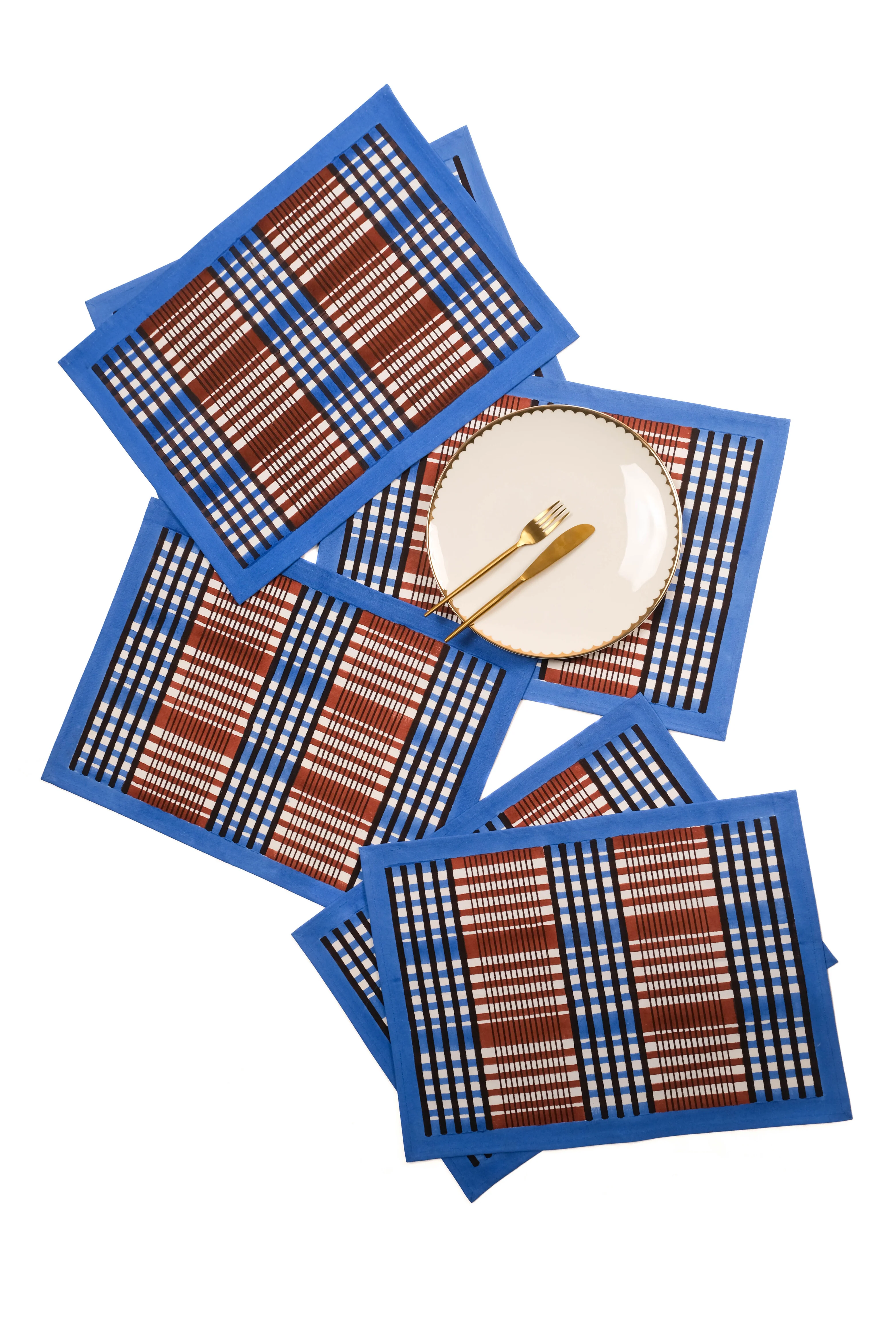 Shetland Plaid Blockprint Placemat in Brown and Blue - Image 2