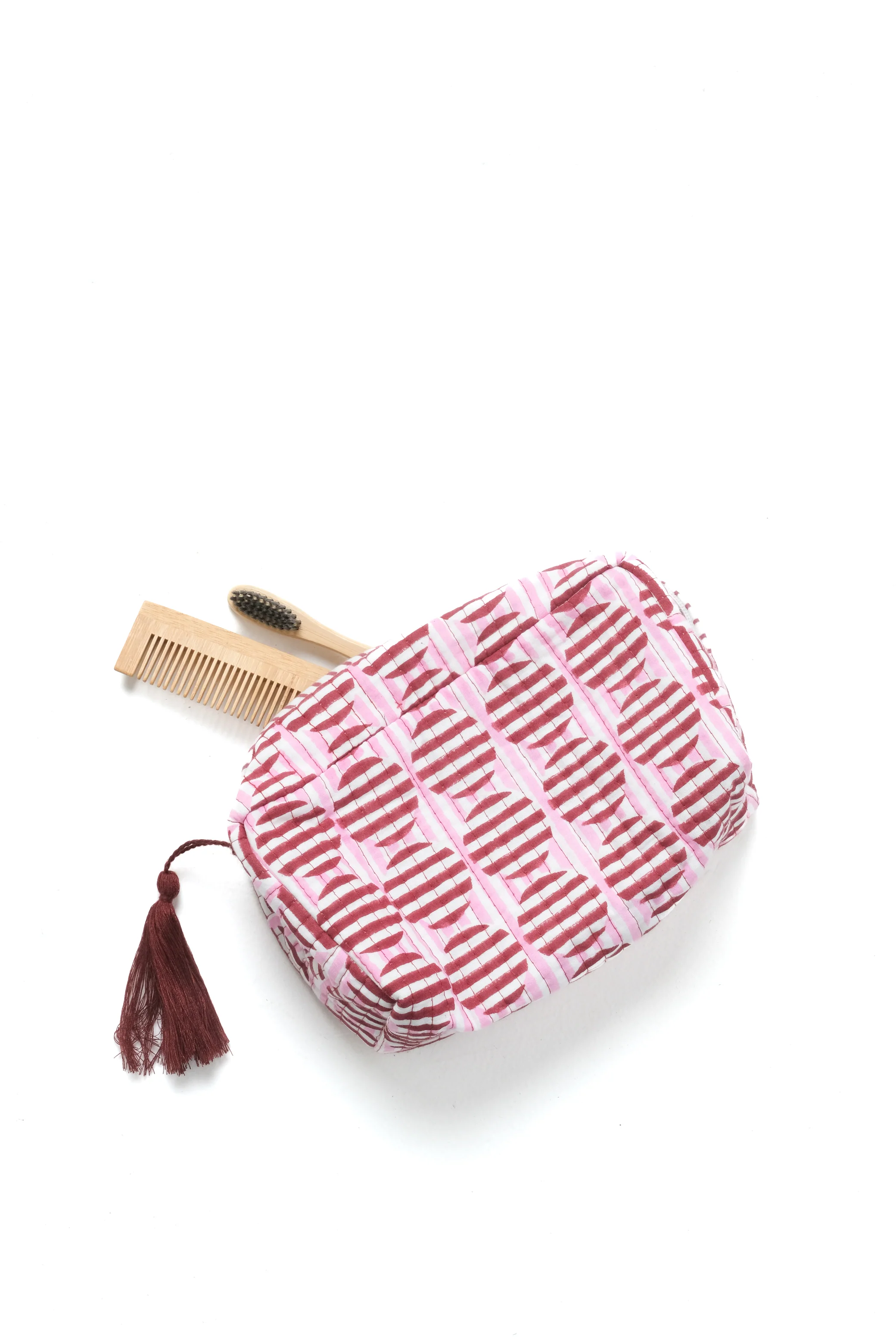 Striped Circles Blockprint Makeup Bag in Burgundy and Pink - Image 2