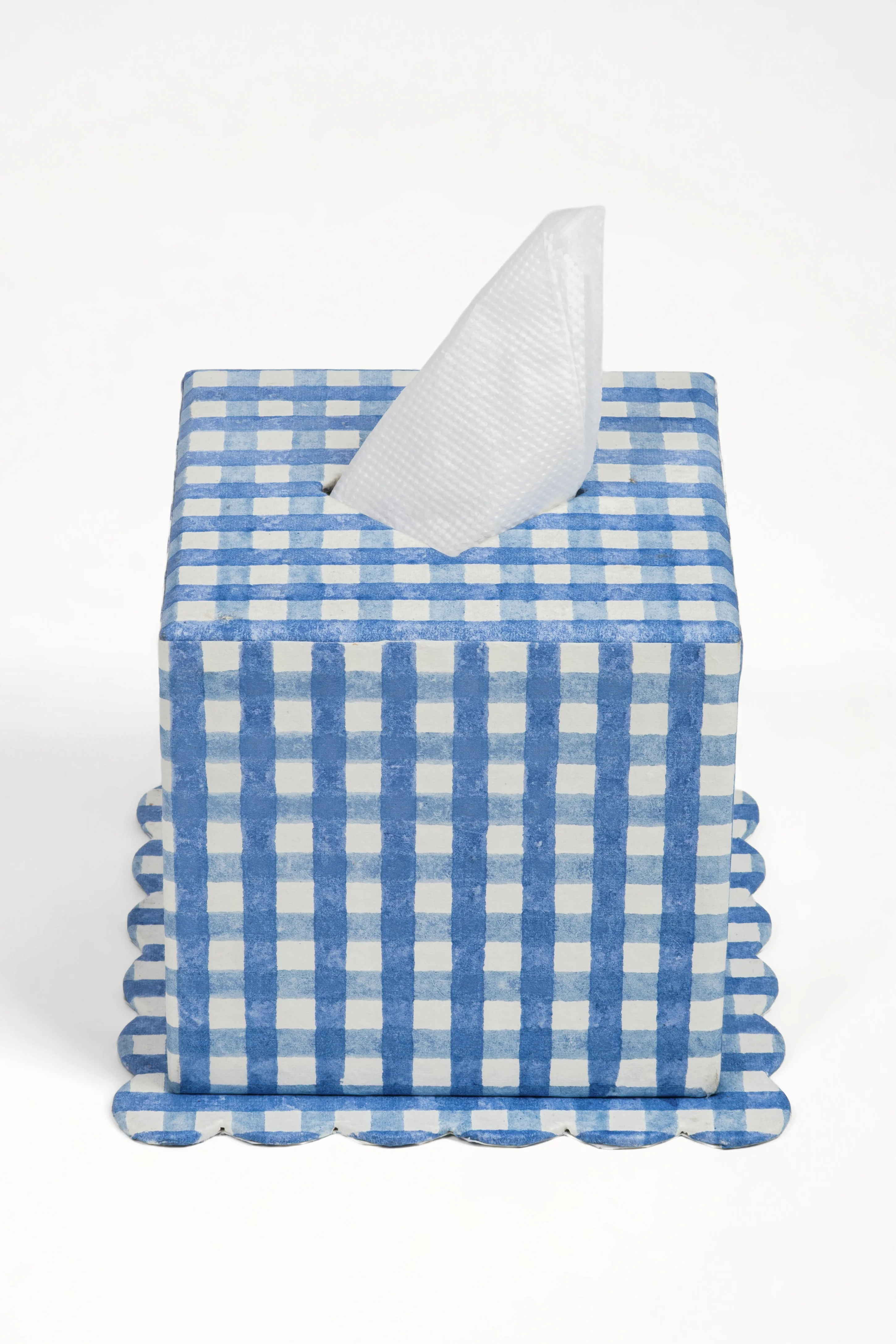 Blockprint Tissue Box Cover in Blue Gingham