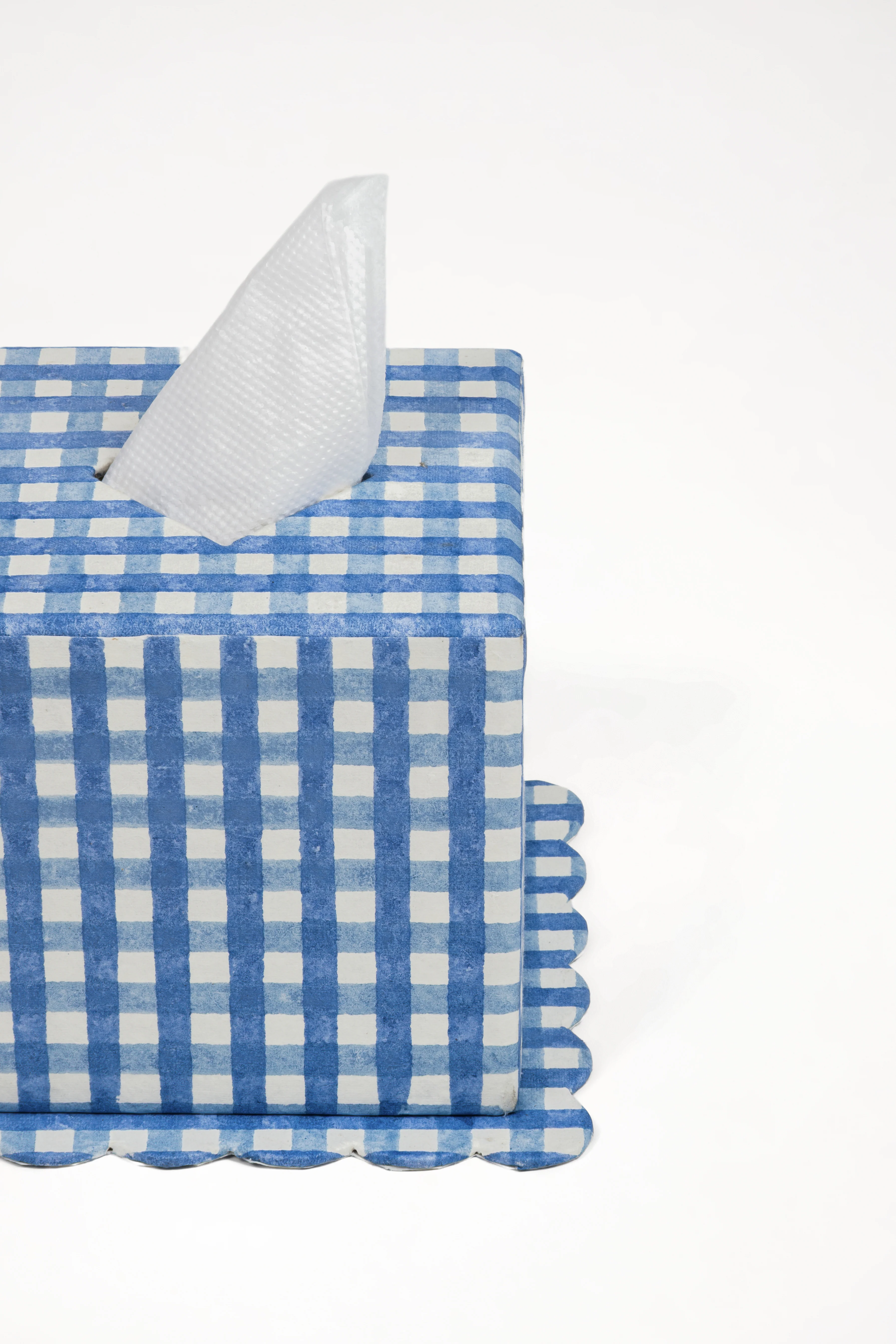 Blockprint Tissue Box Cover in Blue Gingham - Image 2
